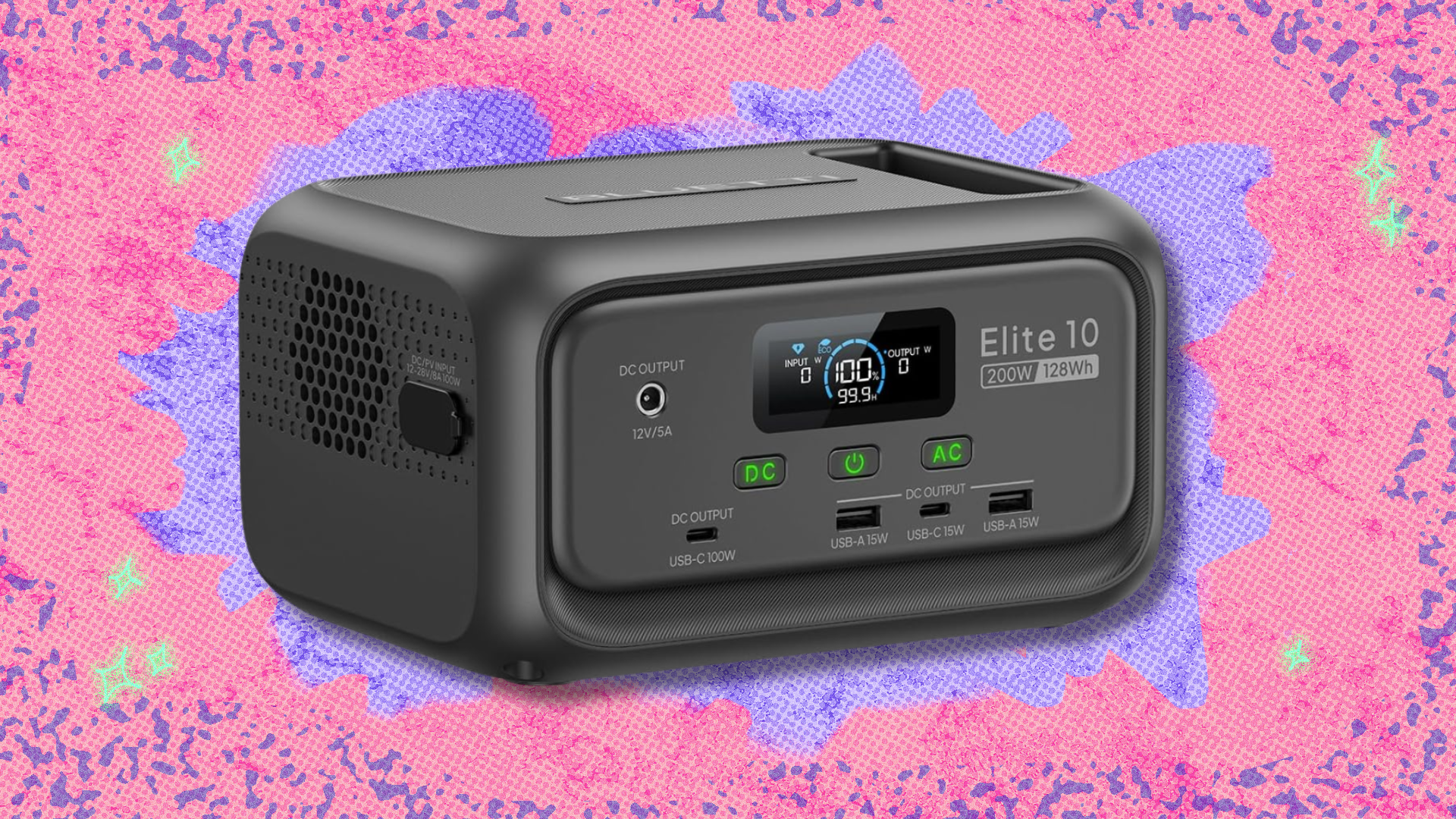 Bluetti Elite 10 mini portable power station on pink and purple abstract background