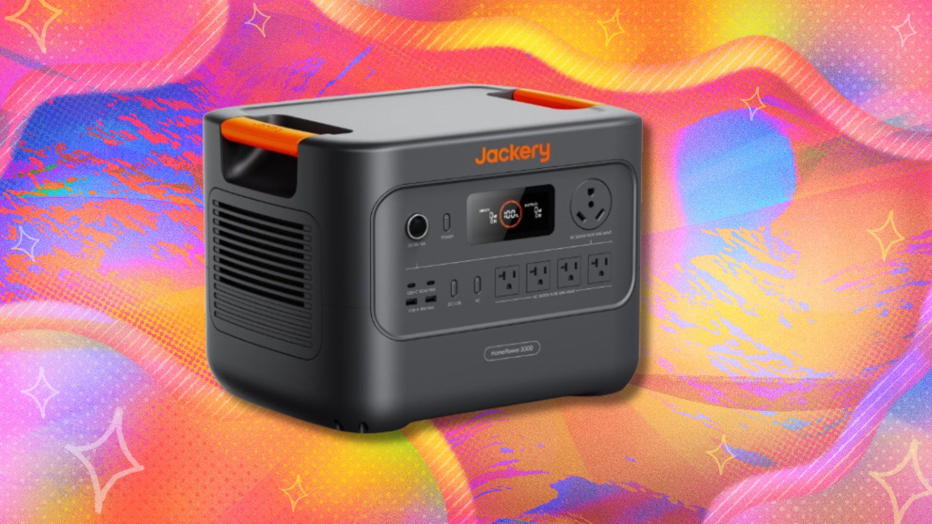 the jackery homepower 3000 on an orange, pink, and blue background