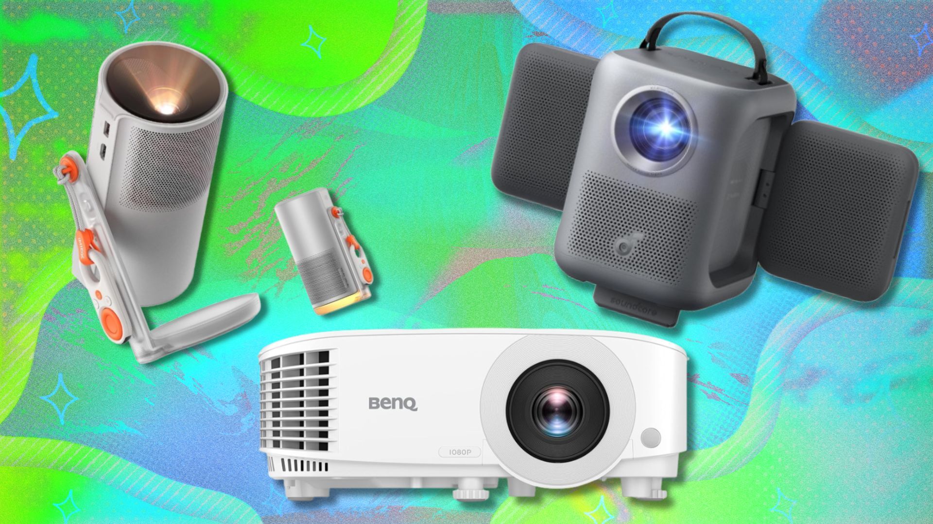 three portable projectors on a green background