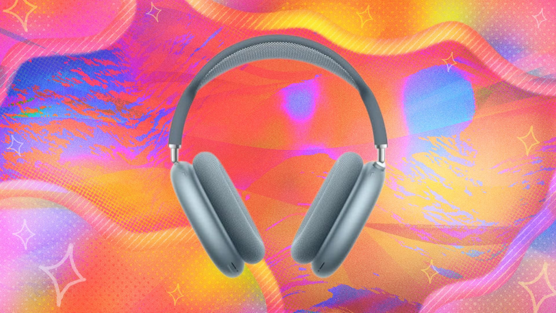 blue airpods max on orange, yellow, and purple background