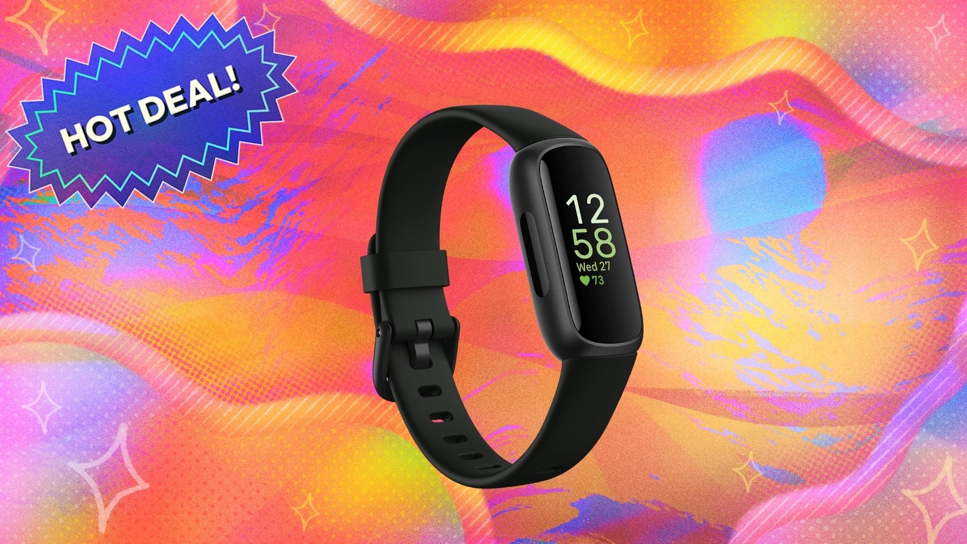fitbit inspire 3 against a multicolored patterned background