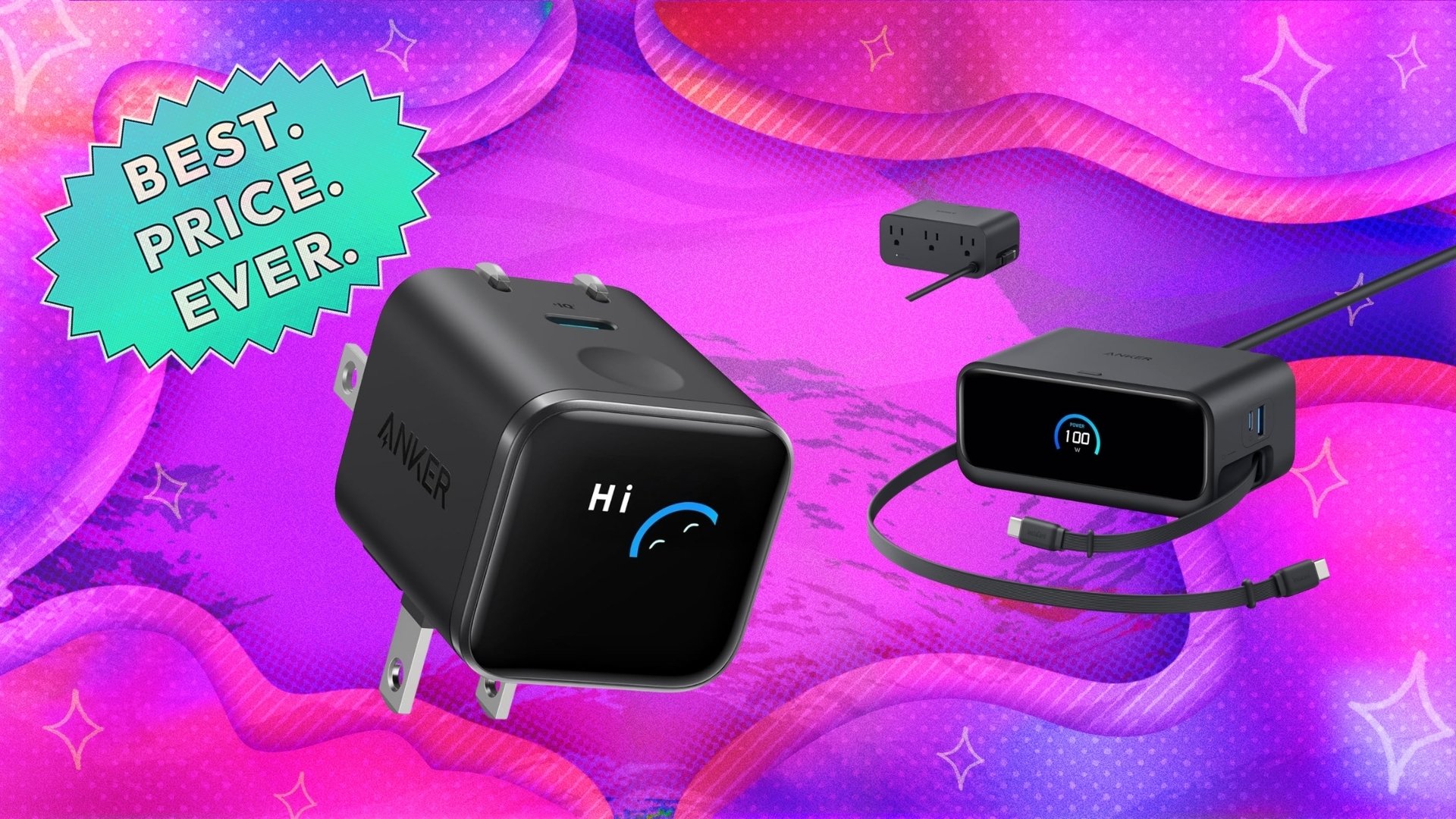 anker chargers against a pink patterned background