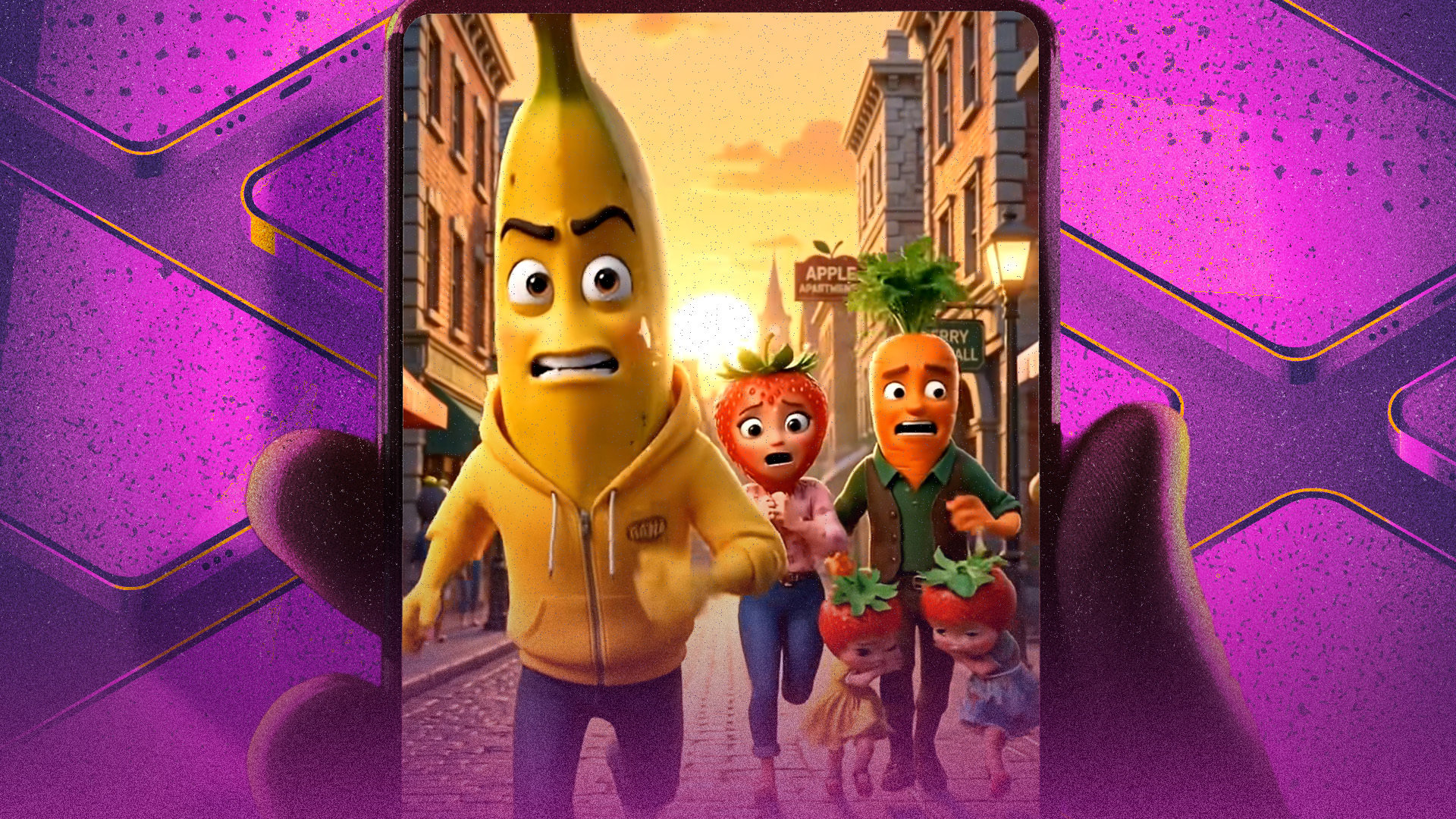 image of ai banana running from ai strawberry and carrot family on smartphone screen