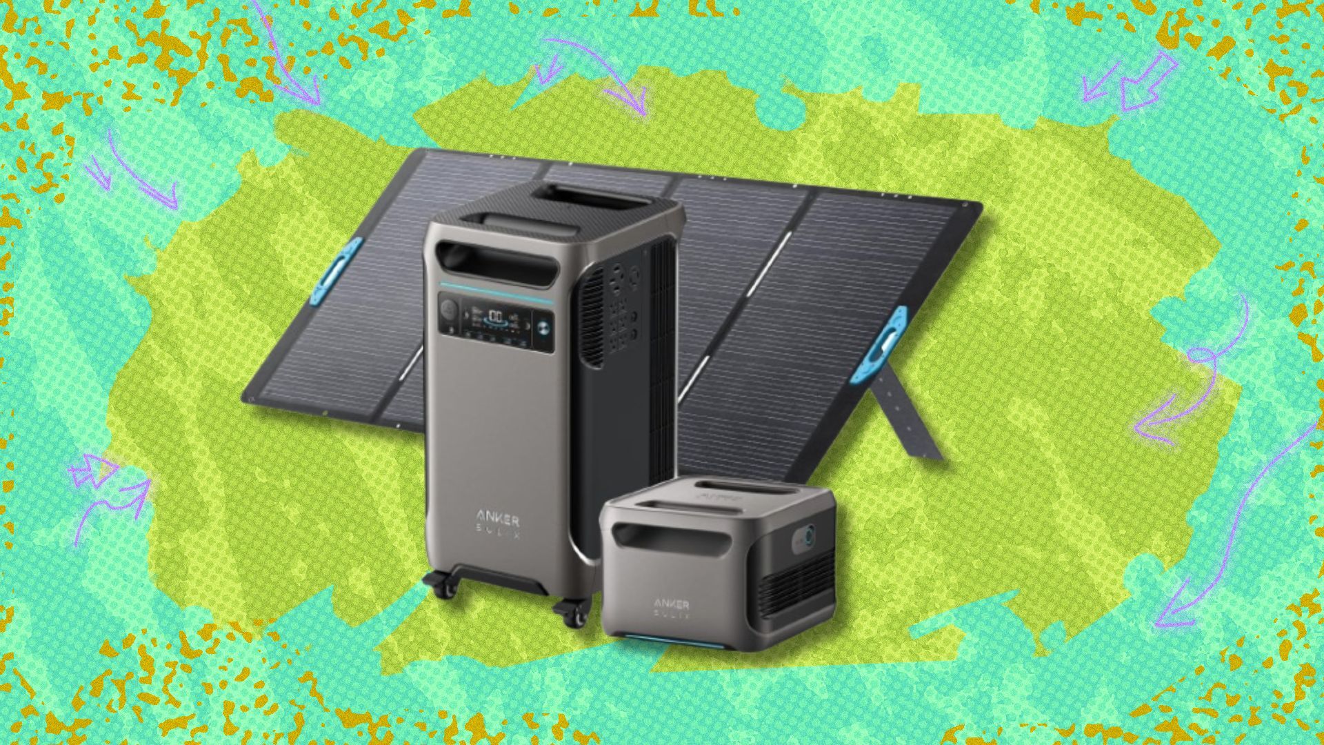 the anker solix f3800, BP3800 expansion battery, and 400W solar panel on a green background