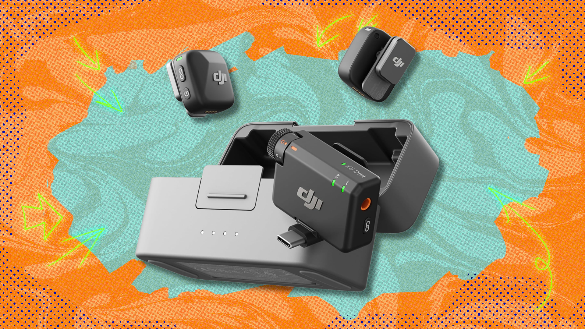 DJI Mic Mini on teal and orange abstract background