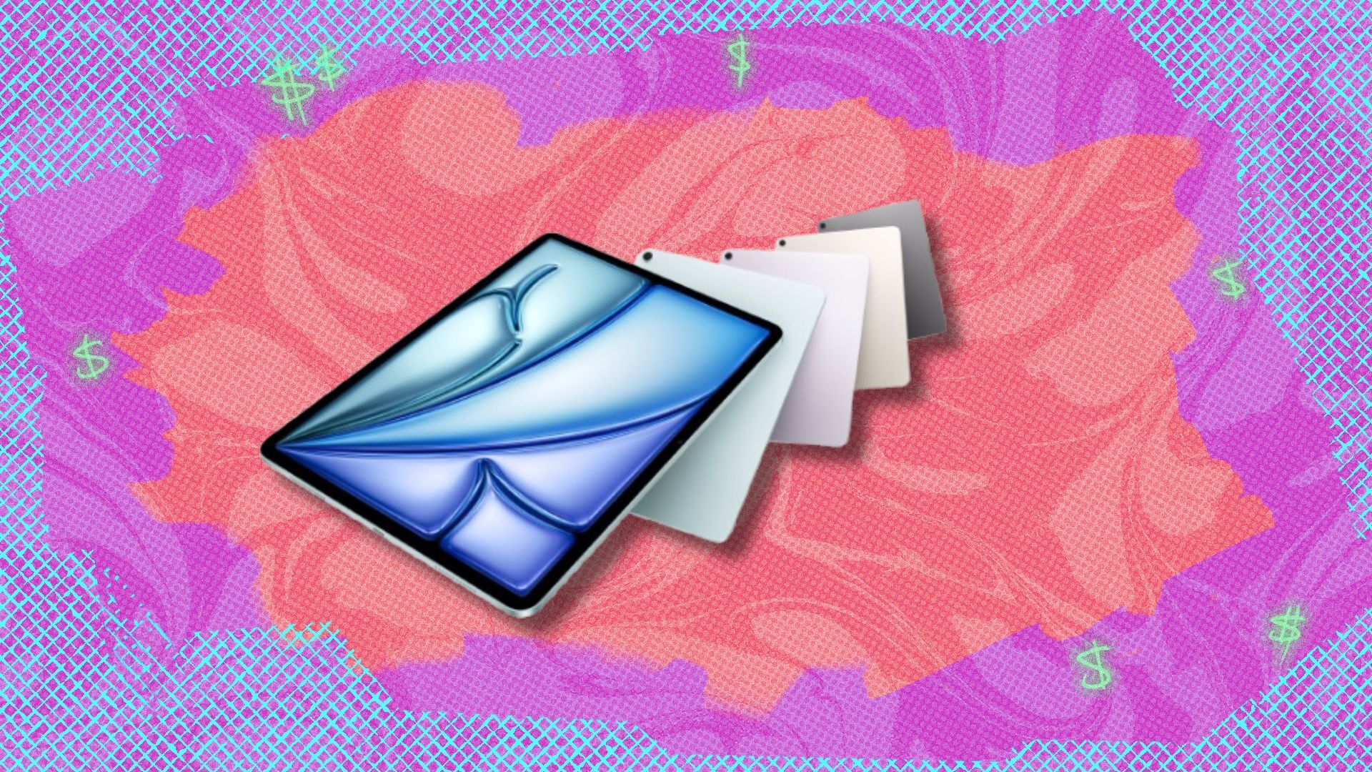 the new Apple iPad Air in various colorways stacked behind each other on a pink background