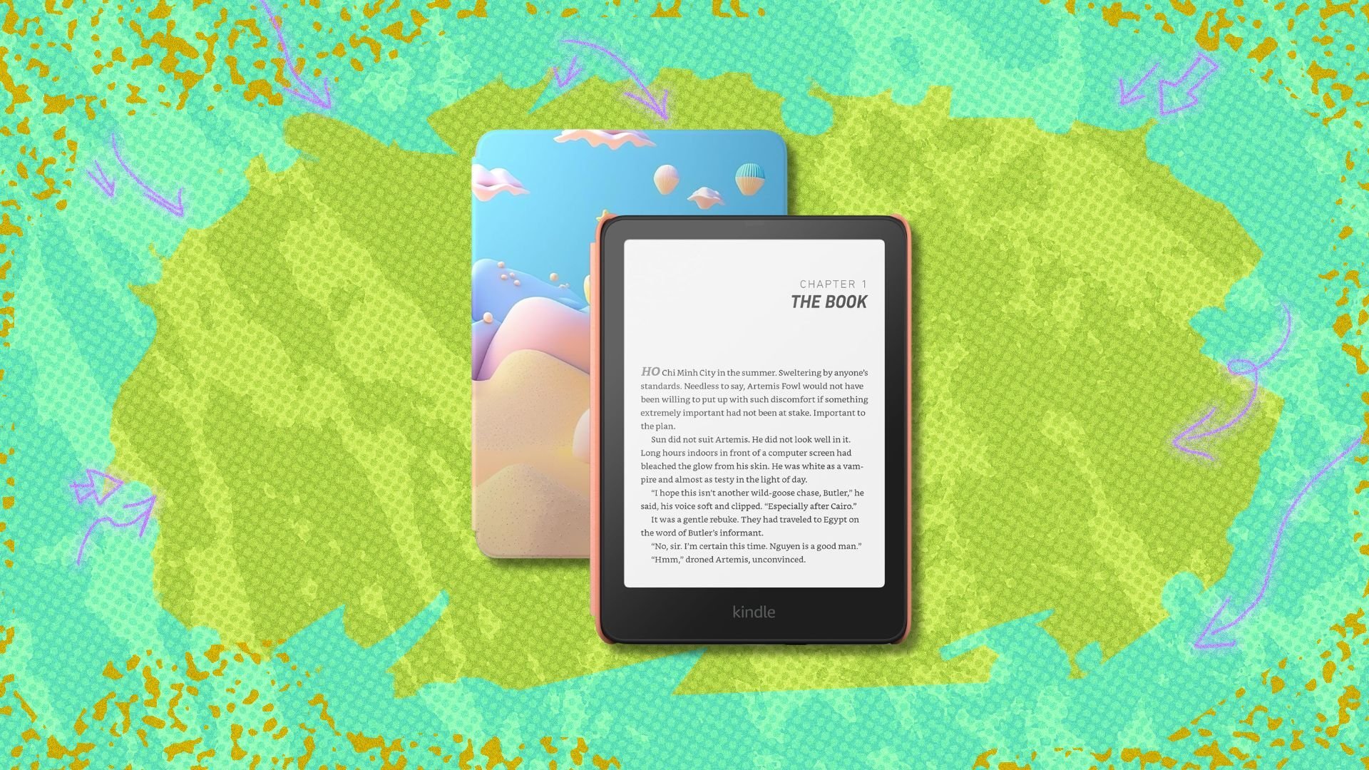 kindle paperwhite kids against a green patterned background