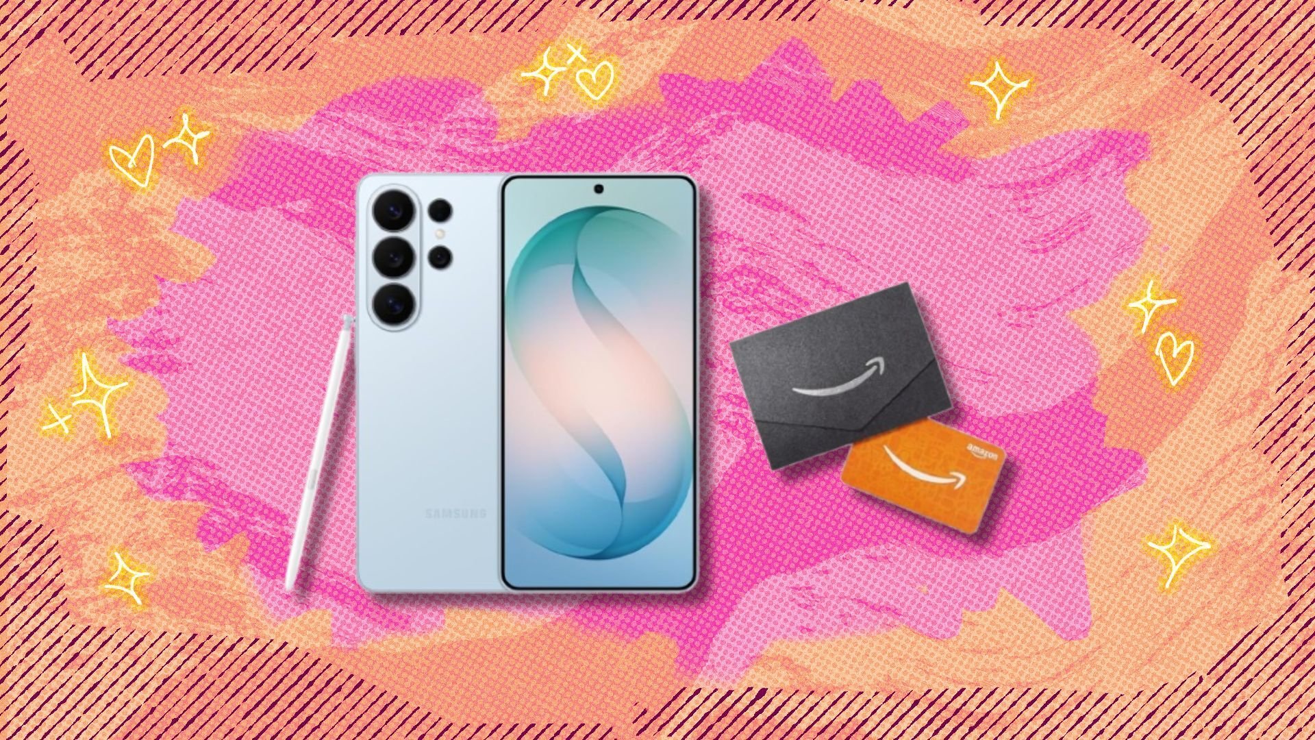 the Samsung Galaxy S26 Ultra in sky blue with S pen and an Amazon gift card with envelope sit on a pink and orange background
