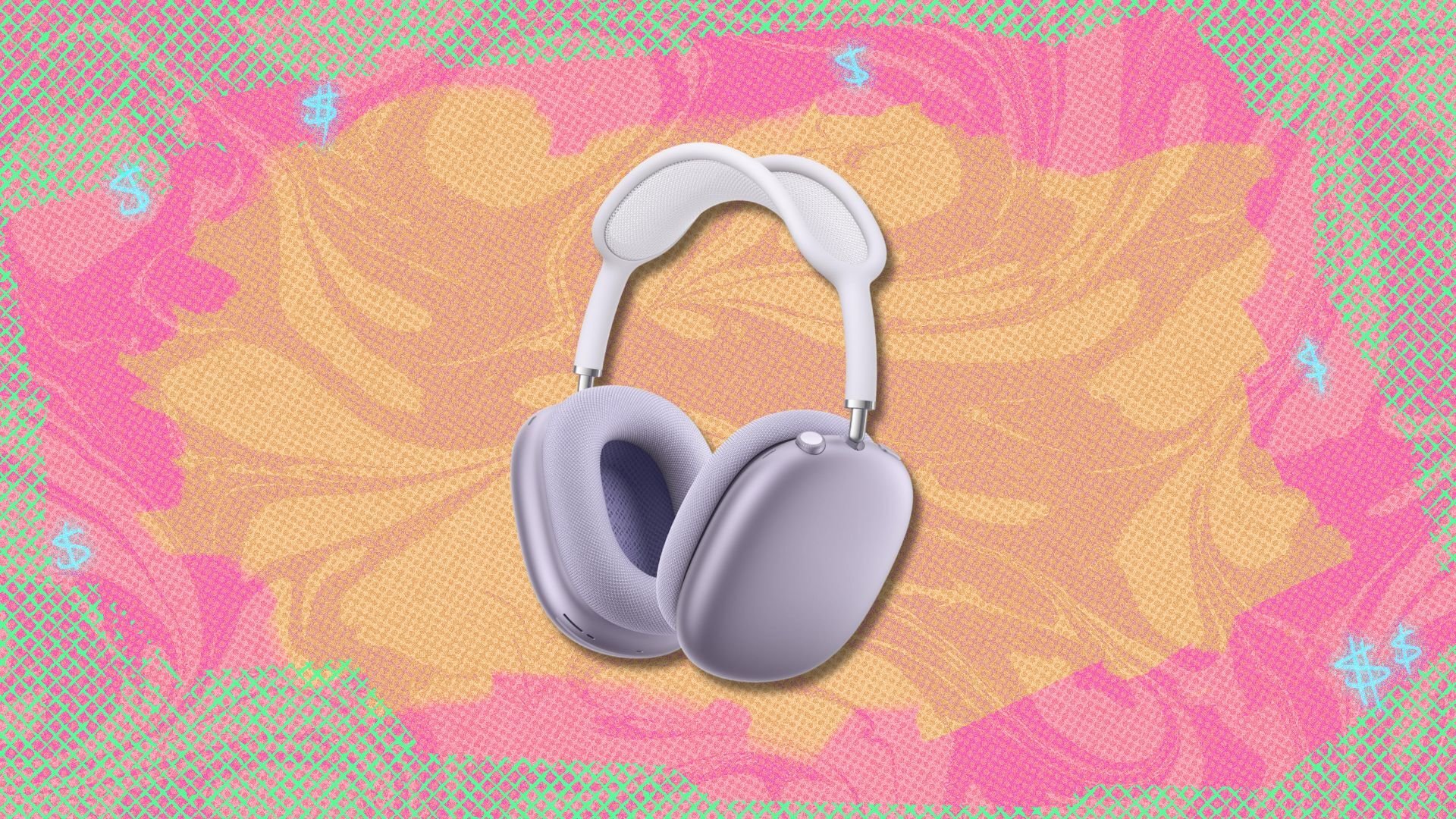 airpods max against a pink, yellow, and green patterned background