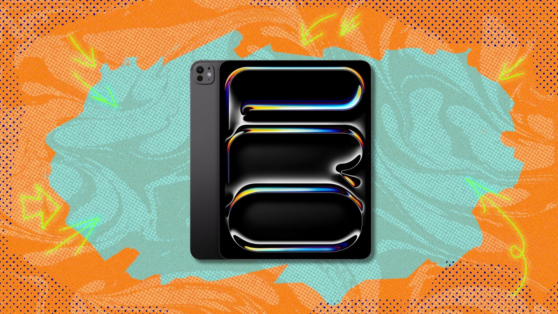 ipad pro against an orange and blue patterned background