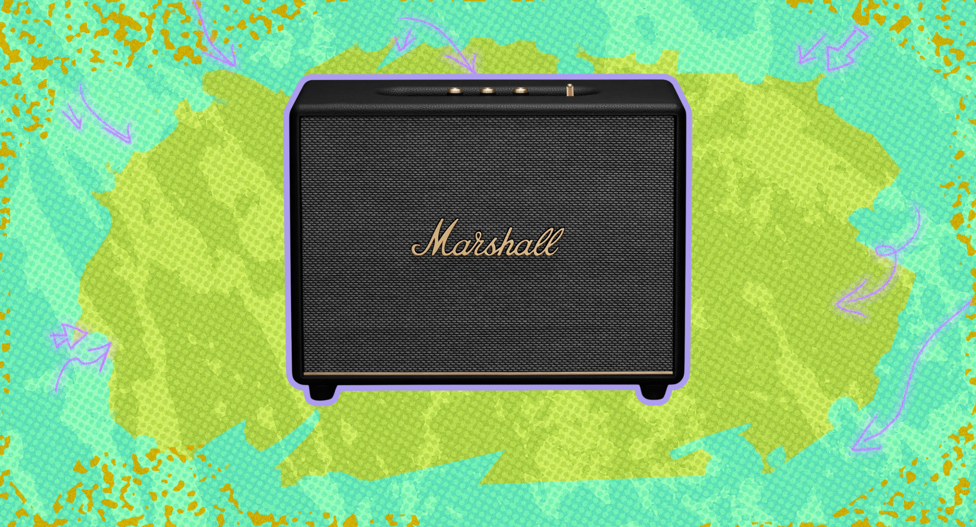 Marshall Woburn III Bluetooth Home Speaker against a colorful background. 