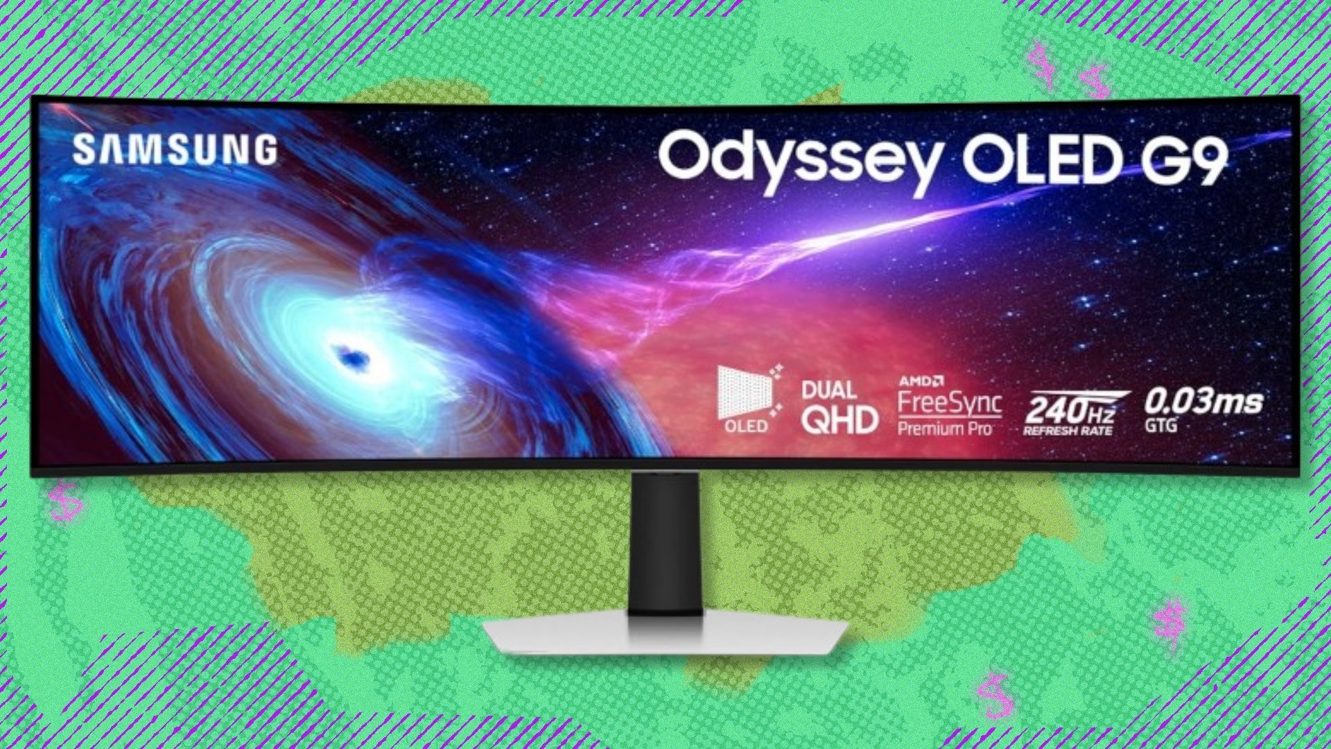 The 49-inch Samsung Odyssey G9 QD-OLED gaming monitor on a green and purple background