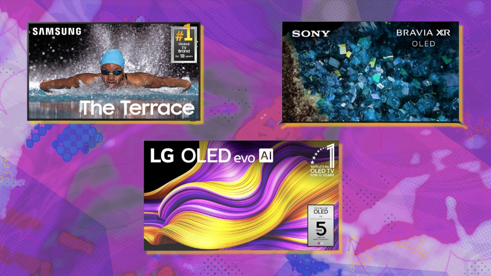LG, Samsung, and Sony TVs with purple abstract background