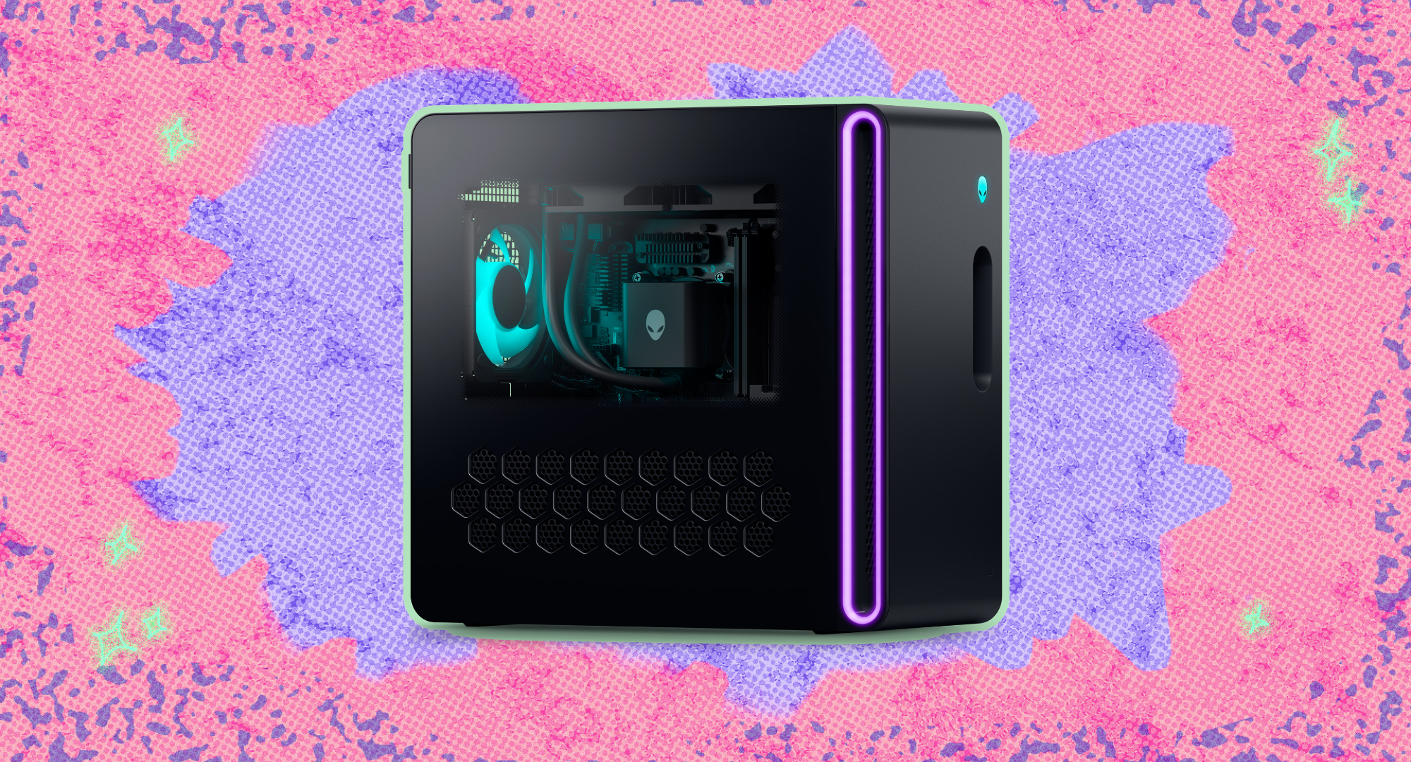 The Alienware Aurora Gaming Desktop (Model: ACT1250) against a colorful background. 