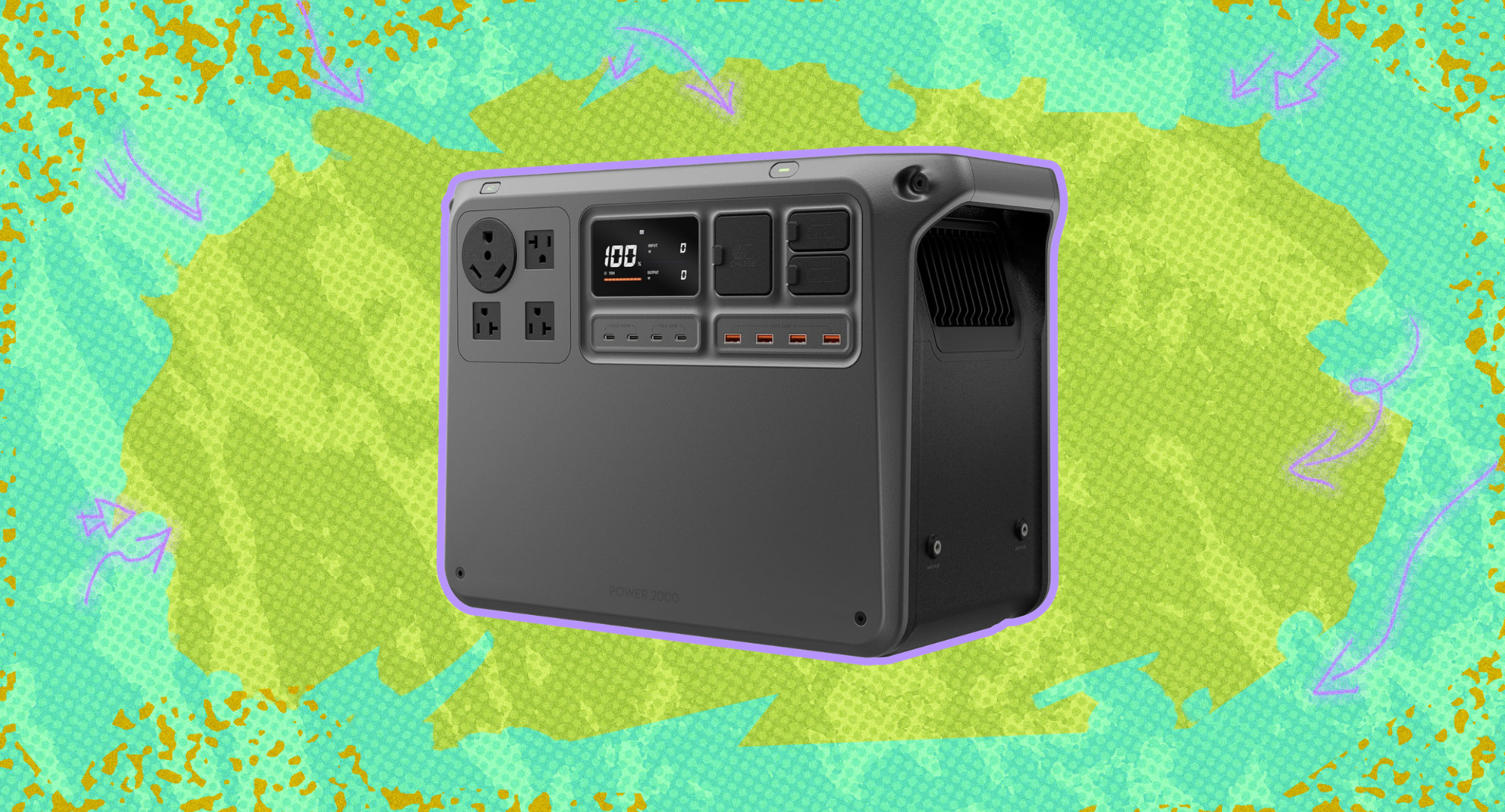 The DJI Power 2000 Portable Power Station against a colorful background. 
