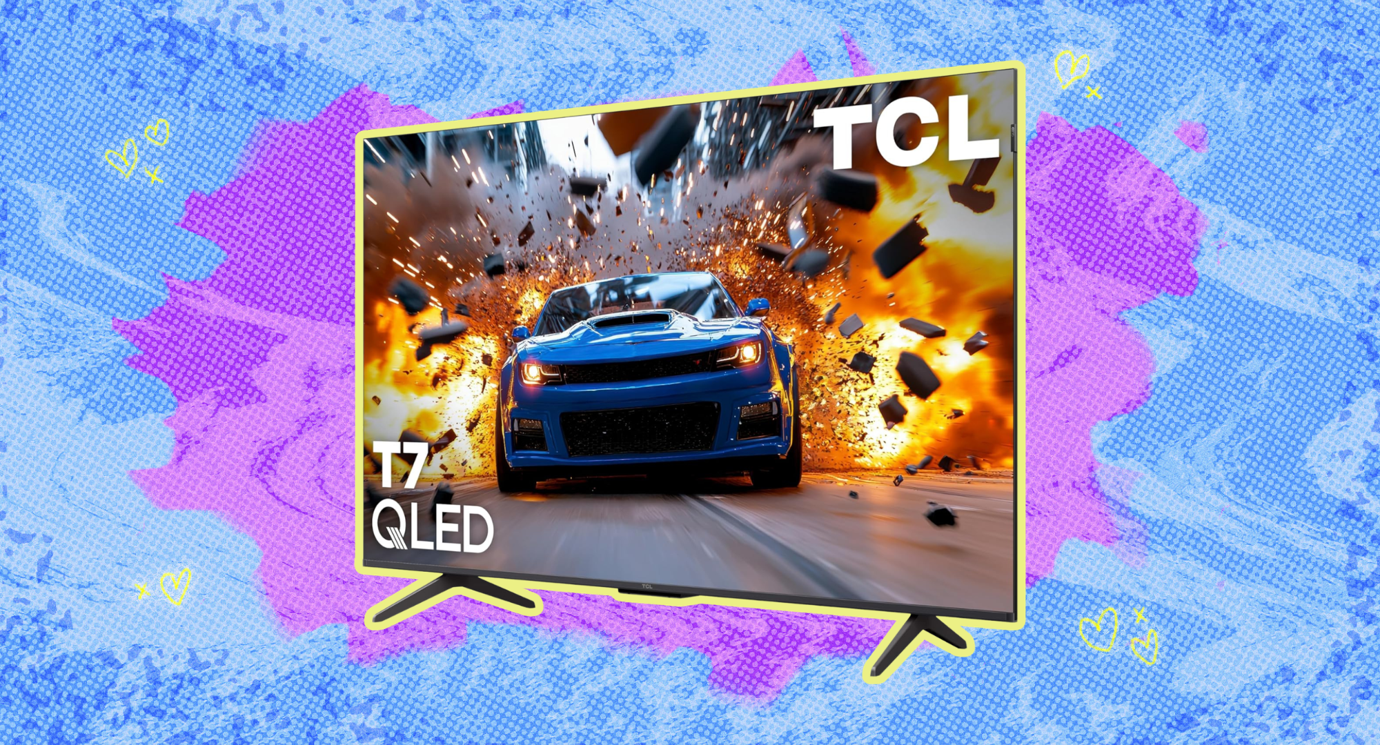 The TCL 55 Inch Class T7 Series against a colorful background. 