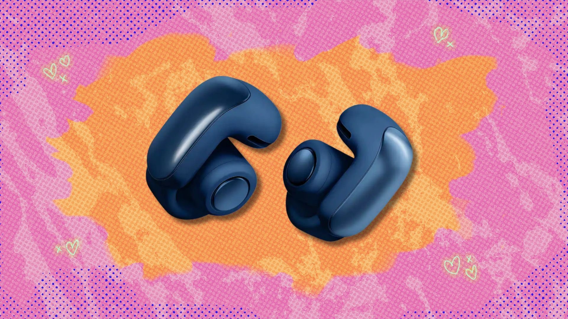 bose ultra open-ear earbuds against a pink and orange patterned background