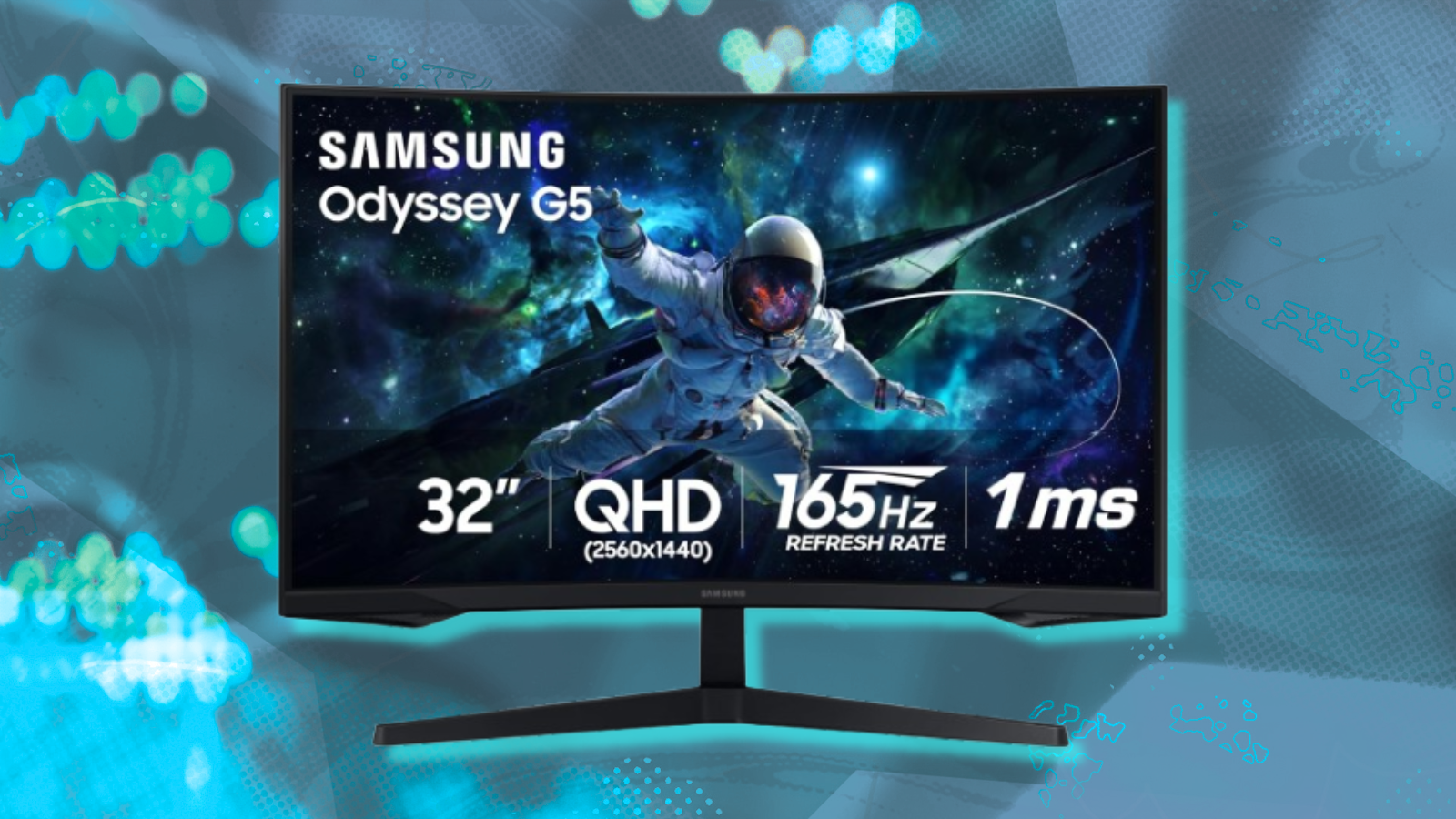 Samsung Odyssey G5 gaming monitor with blue abstract background