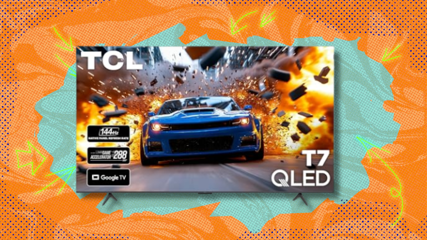 TCL 85-inch QLED TV on teal and orange abstract background