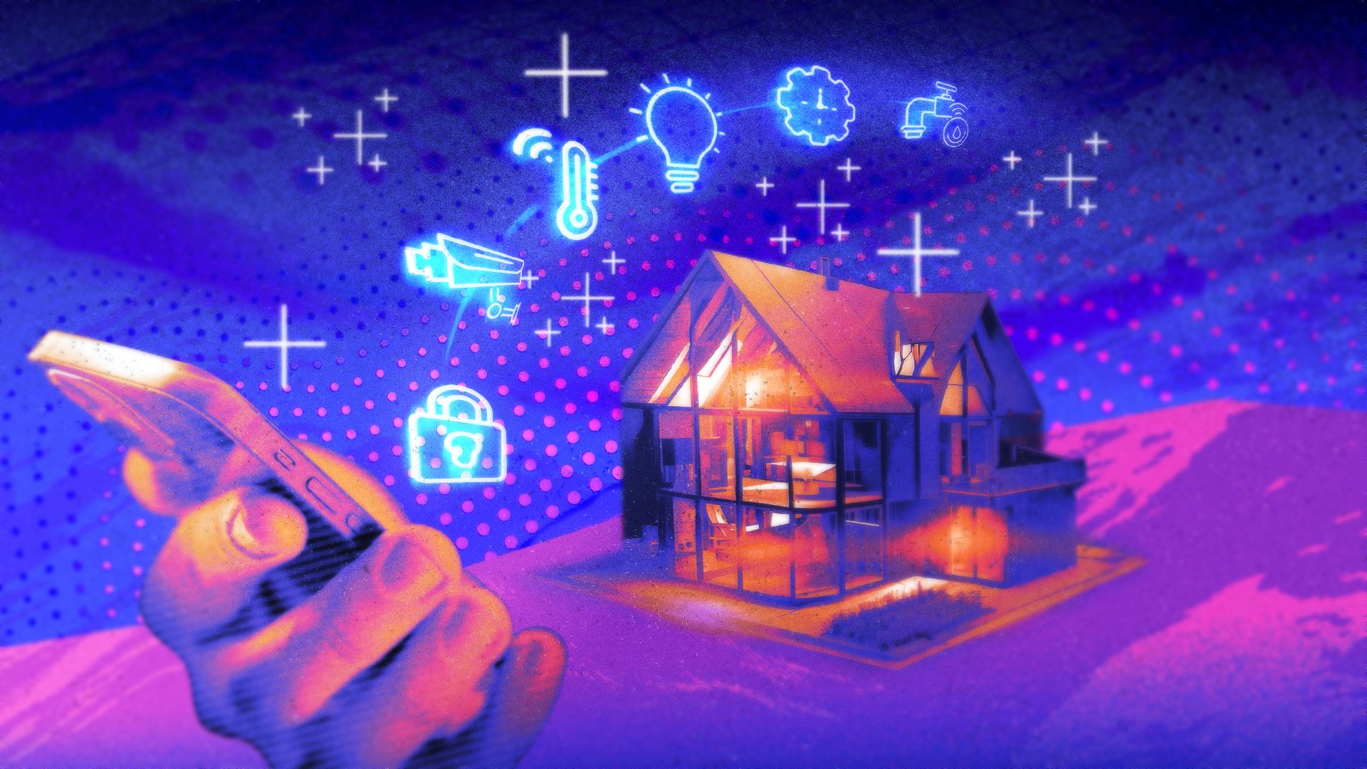 retro futuristic artwork depicting home surrounded by smartphone and various widgets