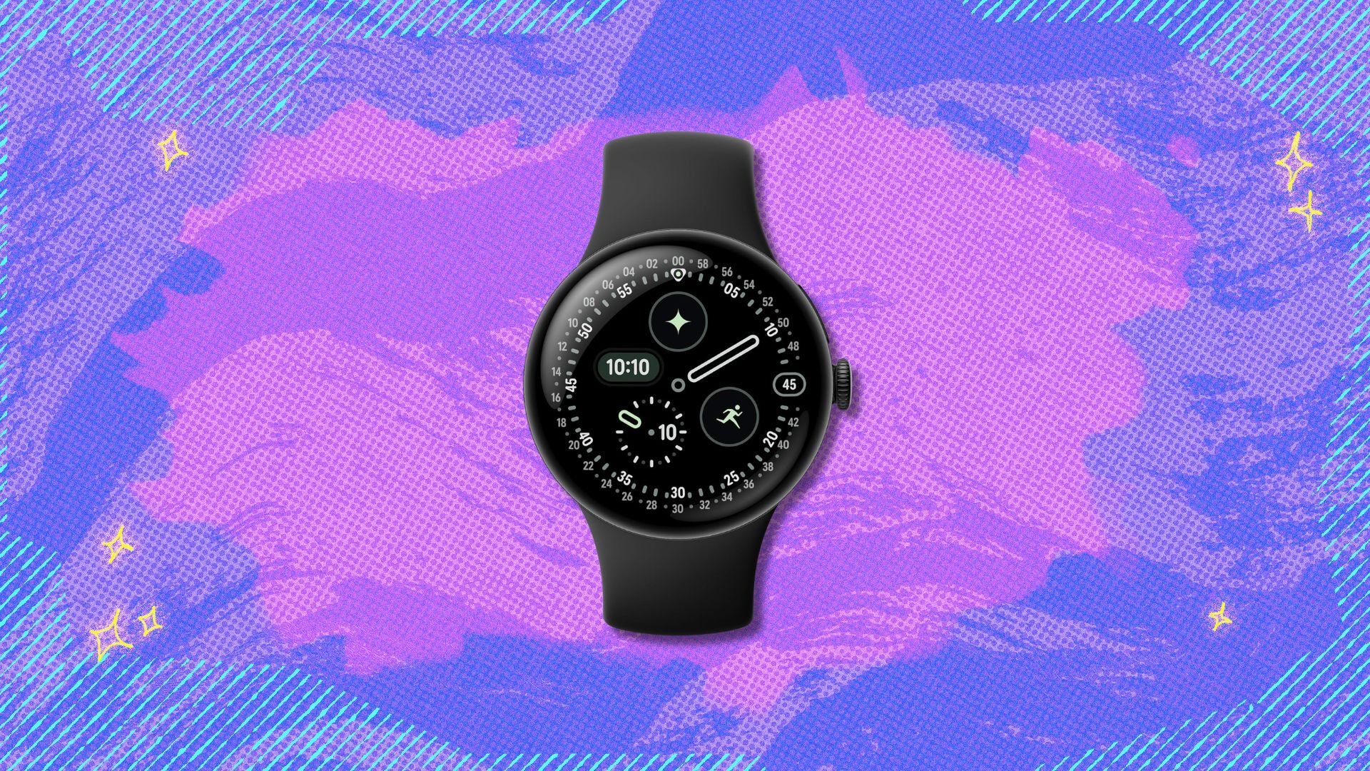 pixel watch 4 against a purple patterned background