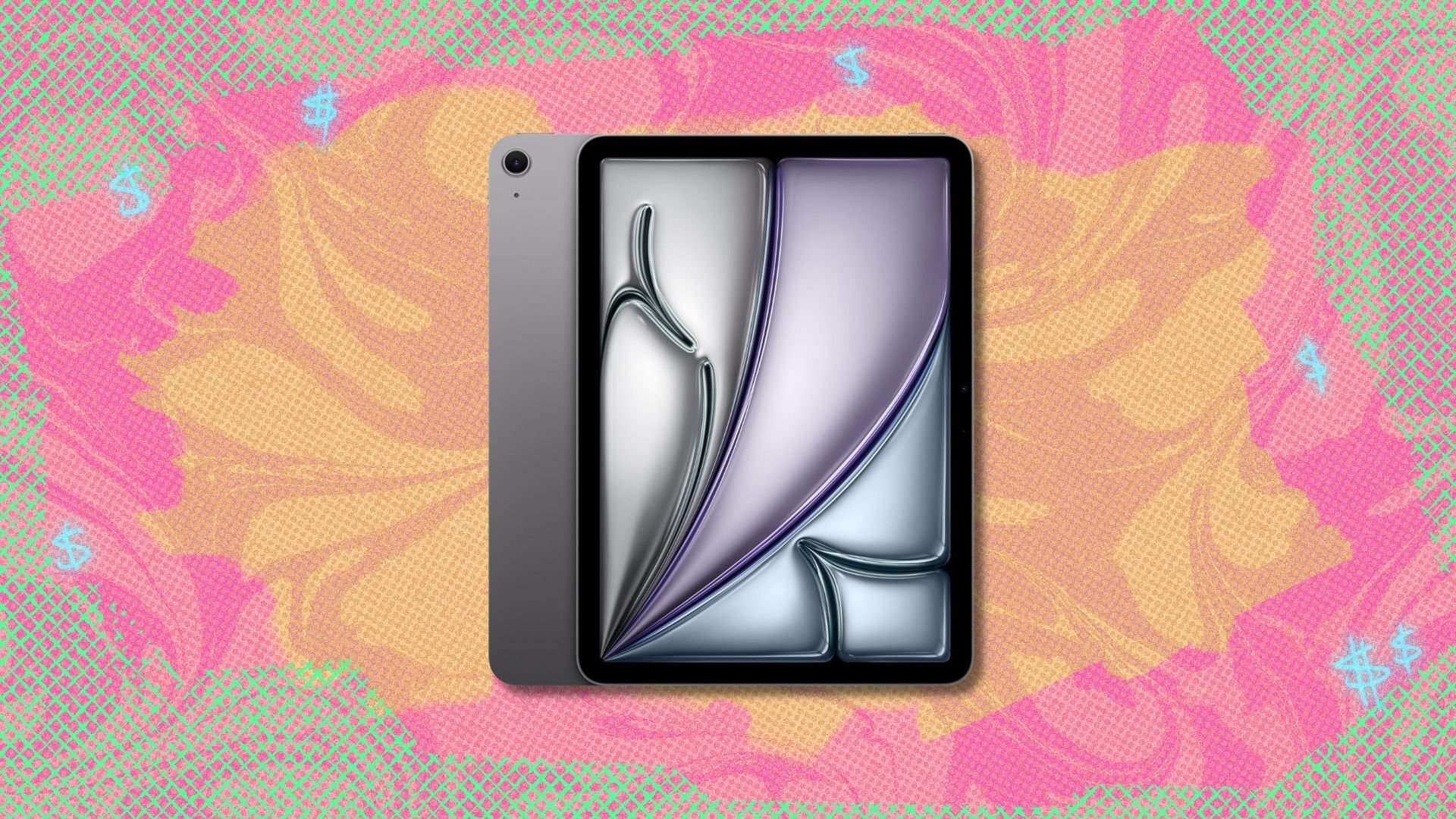 ipad air against a yellow, pink, and green patterned background
