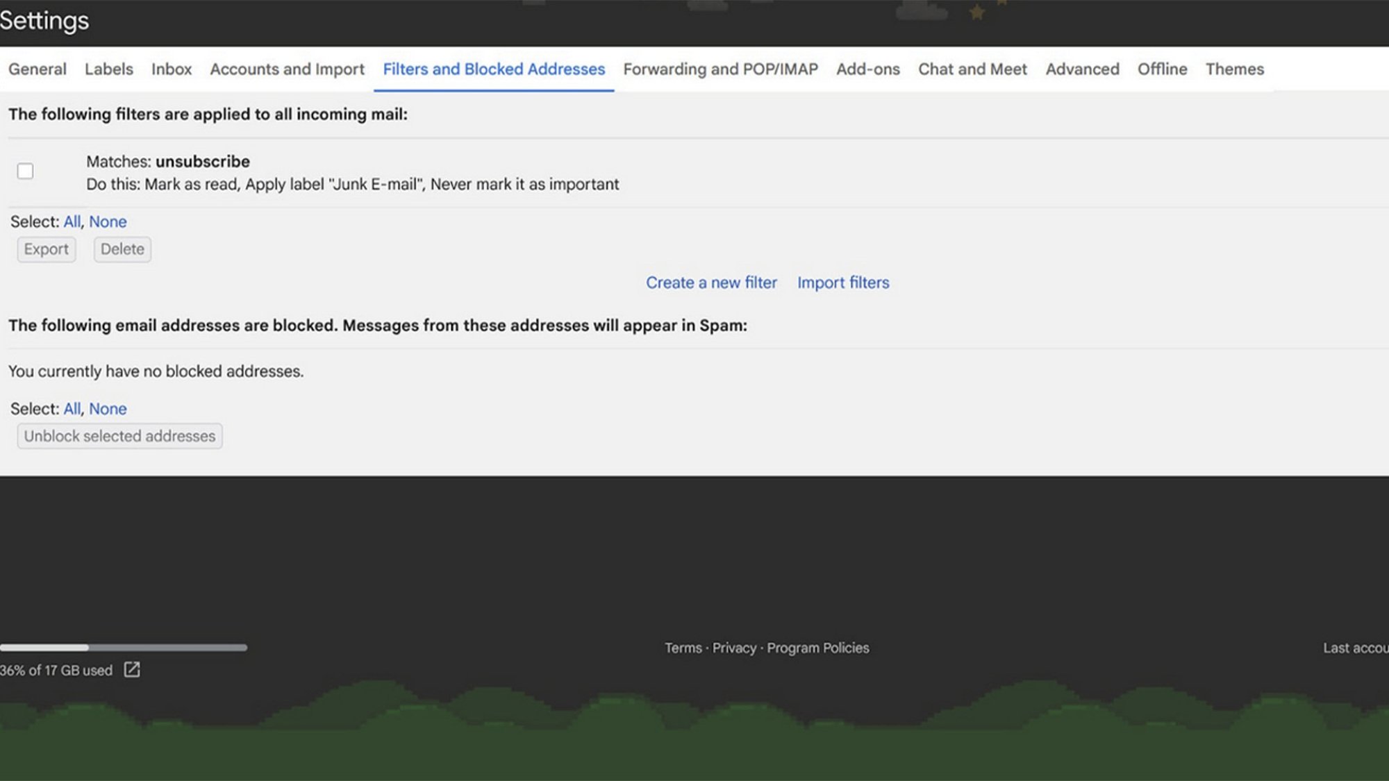 A view of settings related to Gmail.