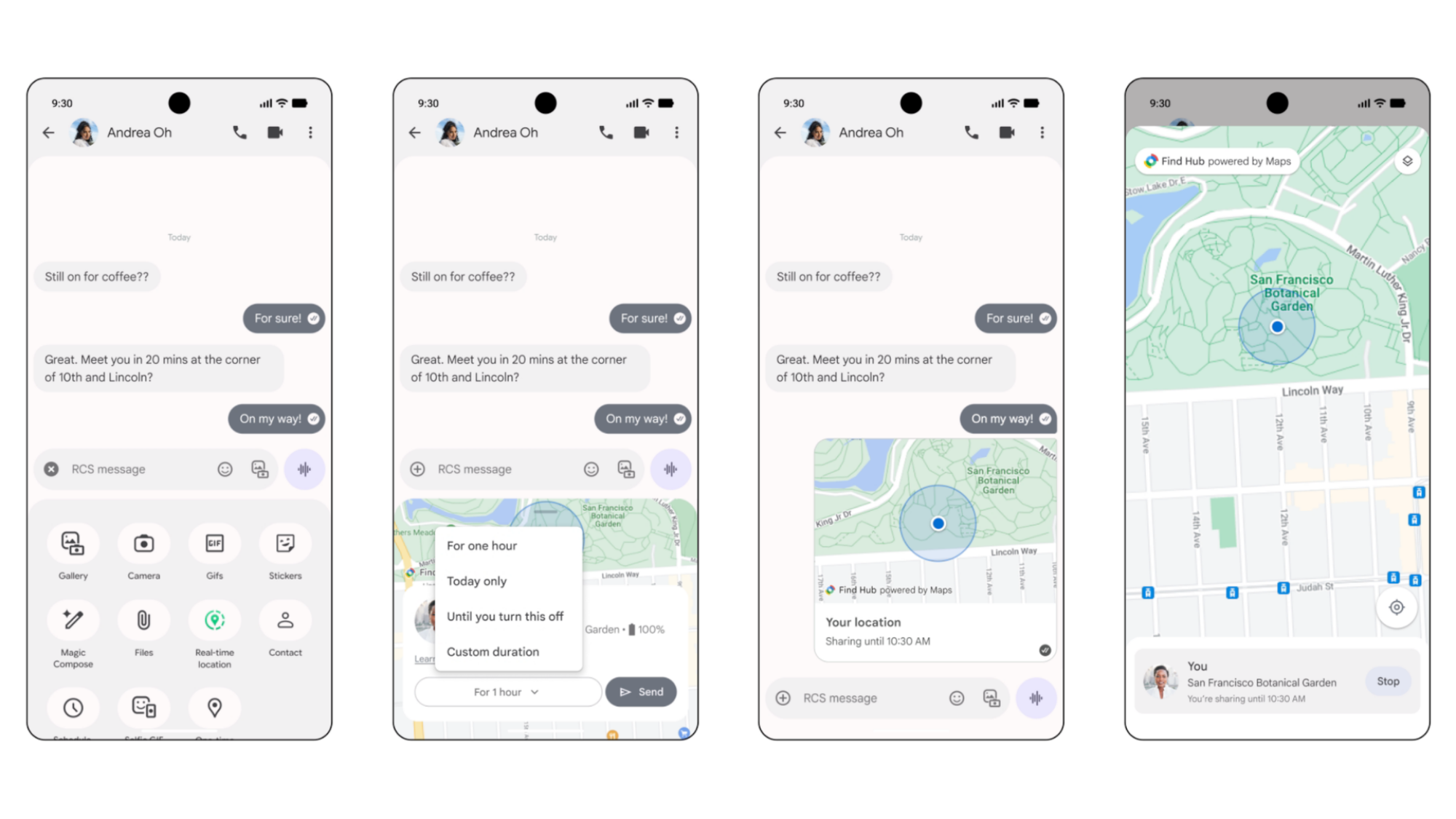 Four illustrations showing Android's location sharing in text messages.