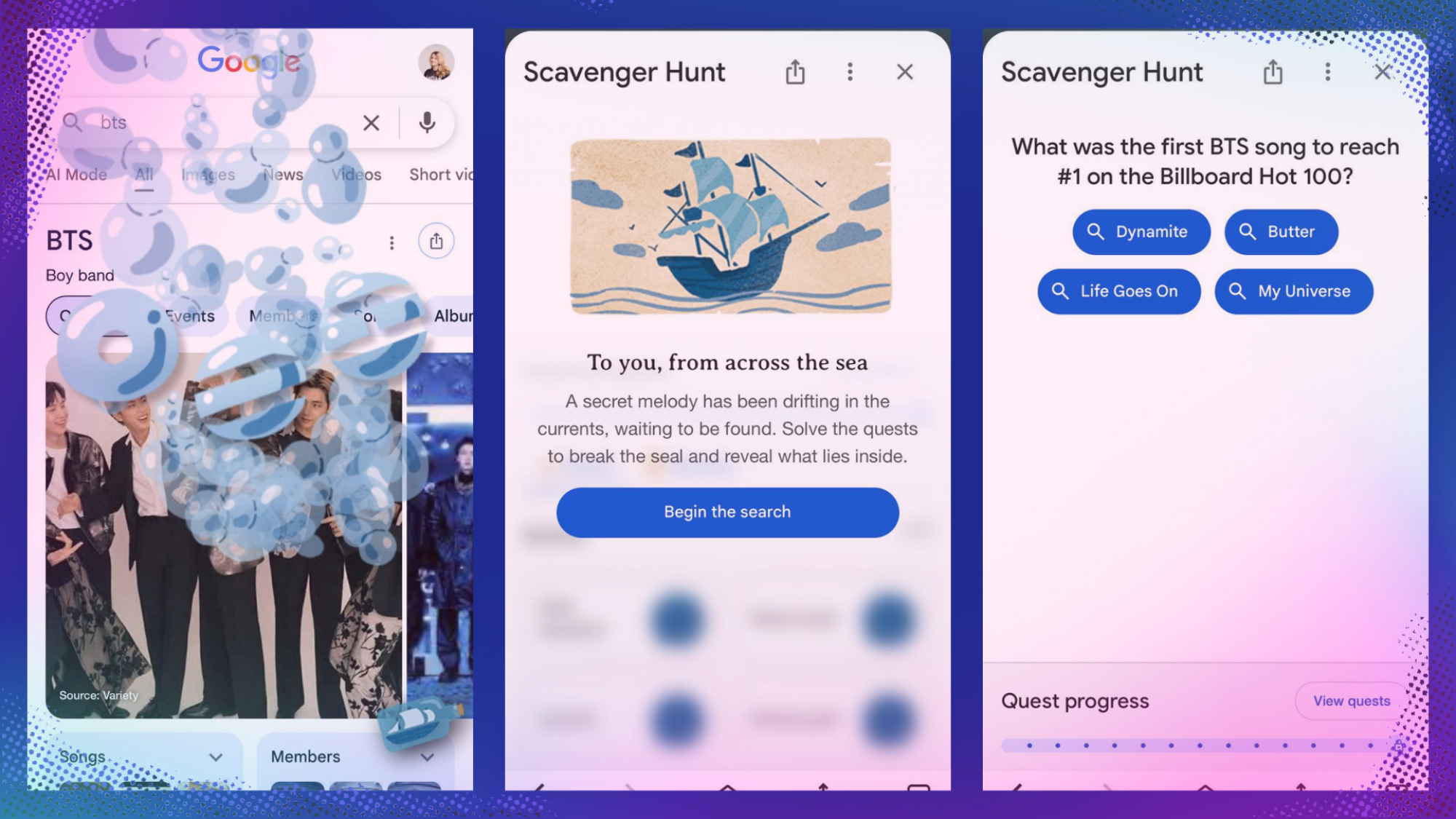 Three screenshots showing the BTS game on Google Search.