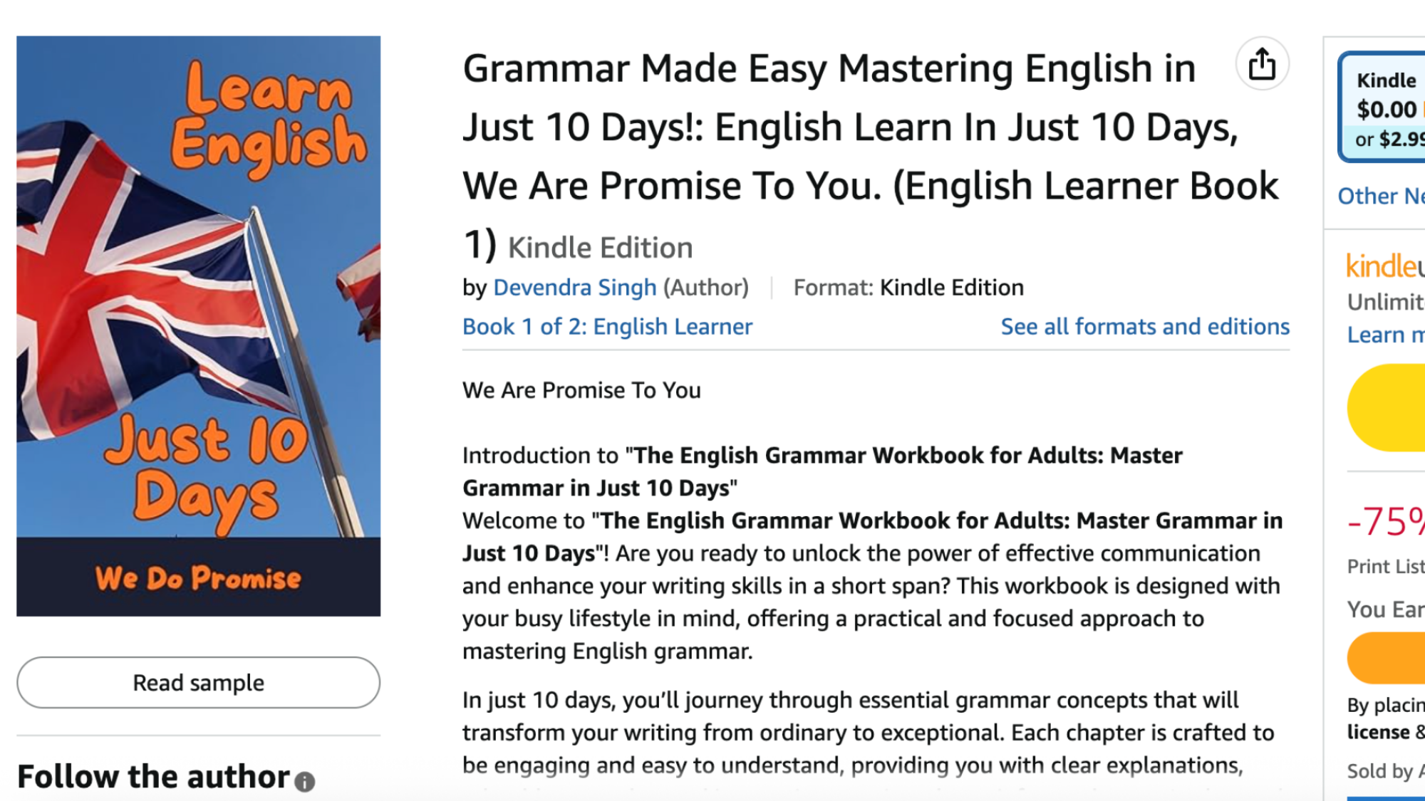 The Amazon listing of 'Grammar Made Easy Mastering English in Just 10 Days!'