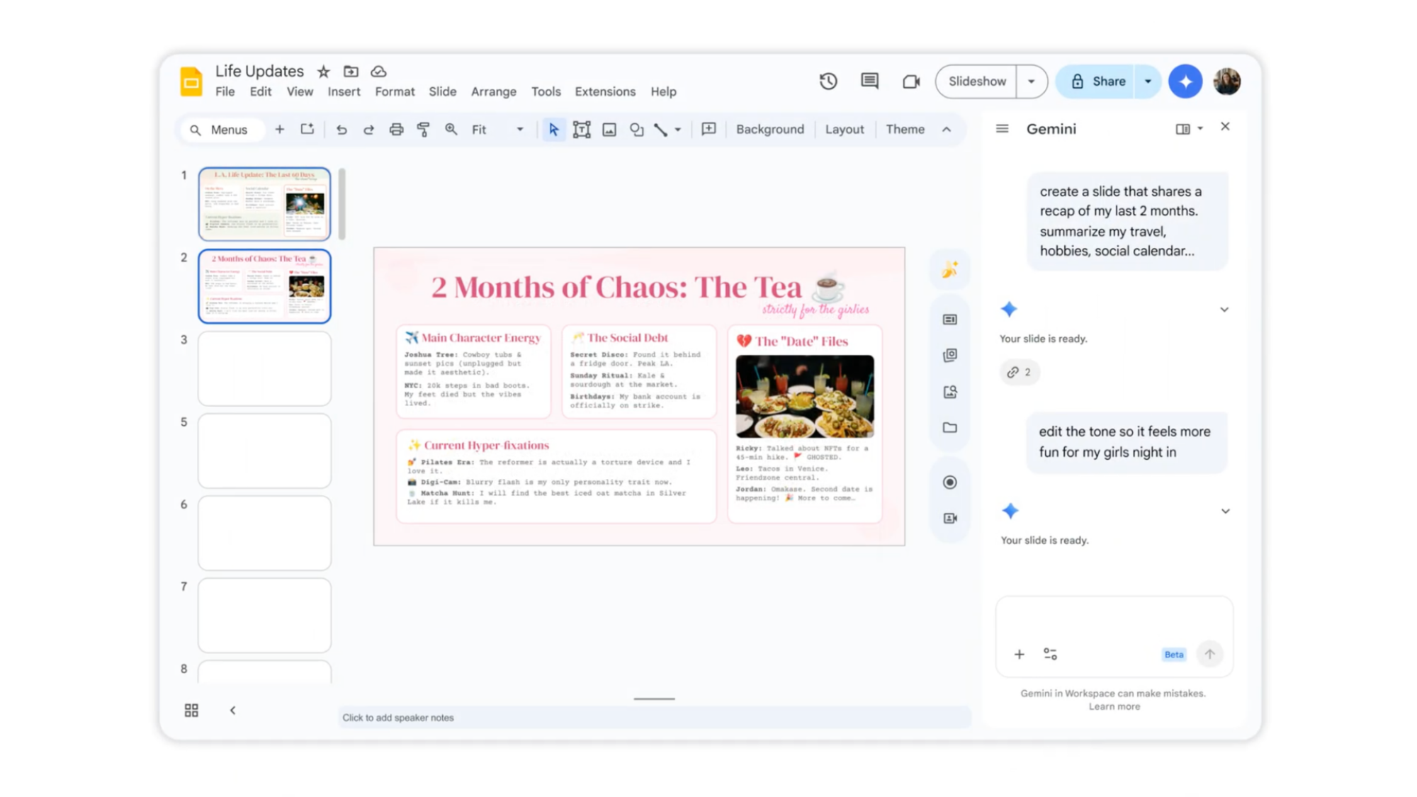 A demonstration of Google Slides' Gemini-powered slide generation and editing.