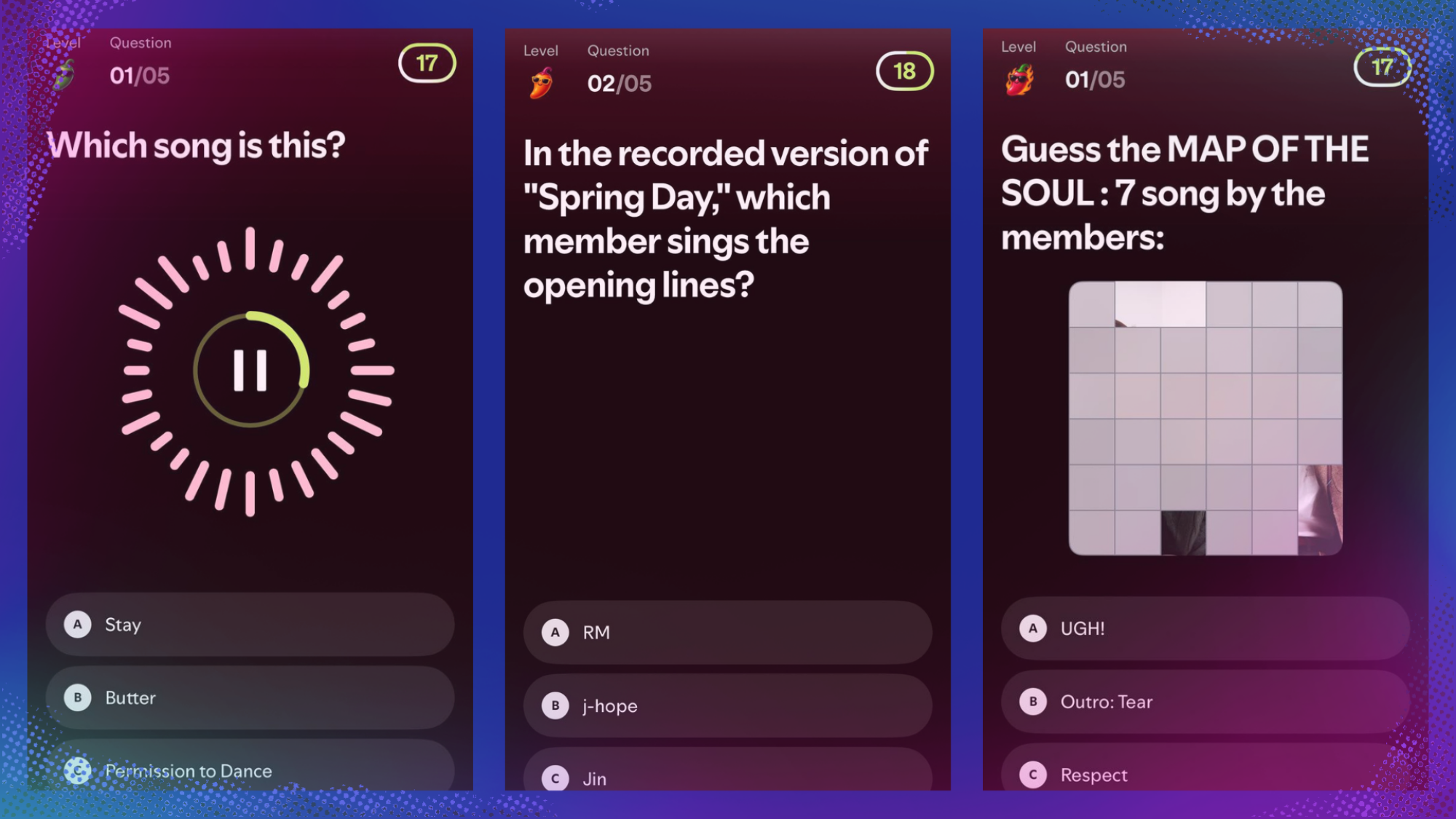 Three screenshots of BTS quiz questions on Spotify.