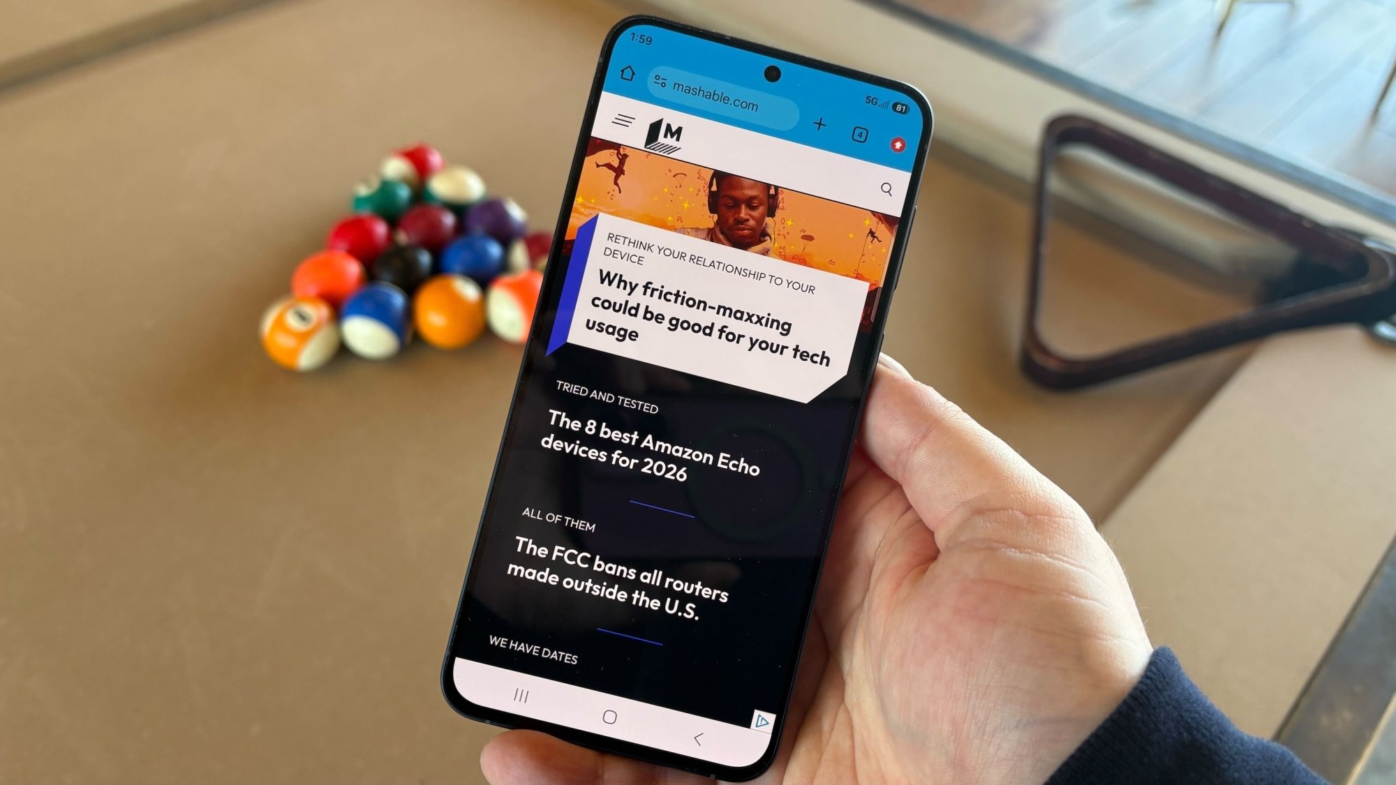 Mashable home page on Samsung Galaxy A57 phone