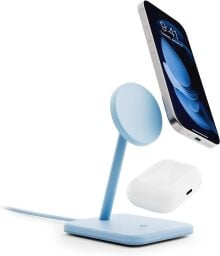 Blue wireless phone charger stand and iPhone