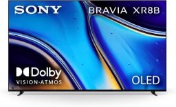 sony 65-inch bravia xr8b oled 4k tv against a white background