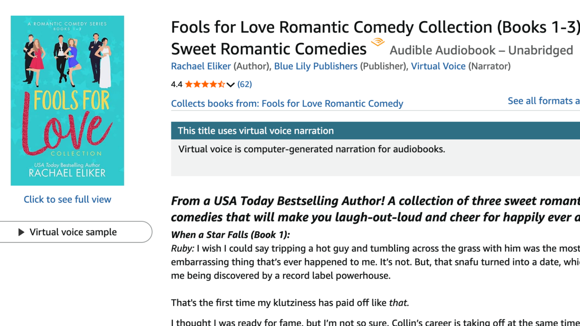 A listing for an audiobook that discloses a virtual voice narrator.