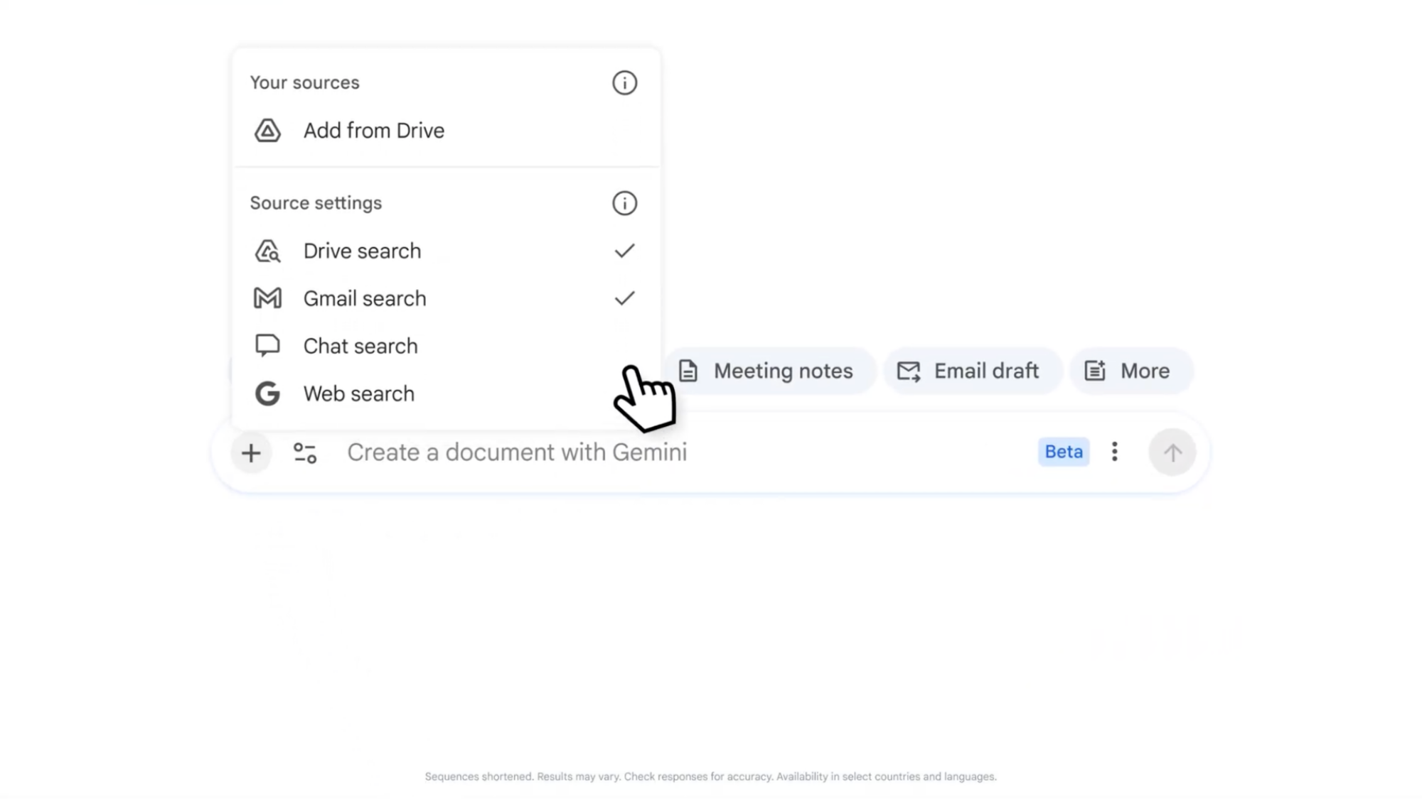 A demonstration of choosing sources to include when using Google Docs' Gemini-powered document generation.