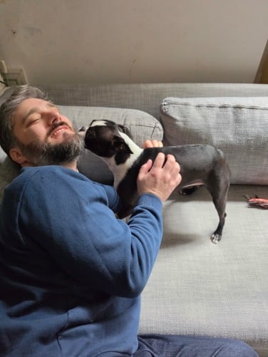 journalist timothy werth playing with boston terrier