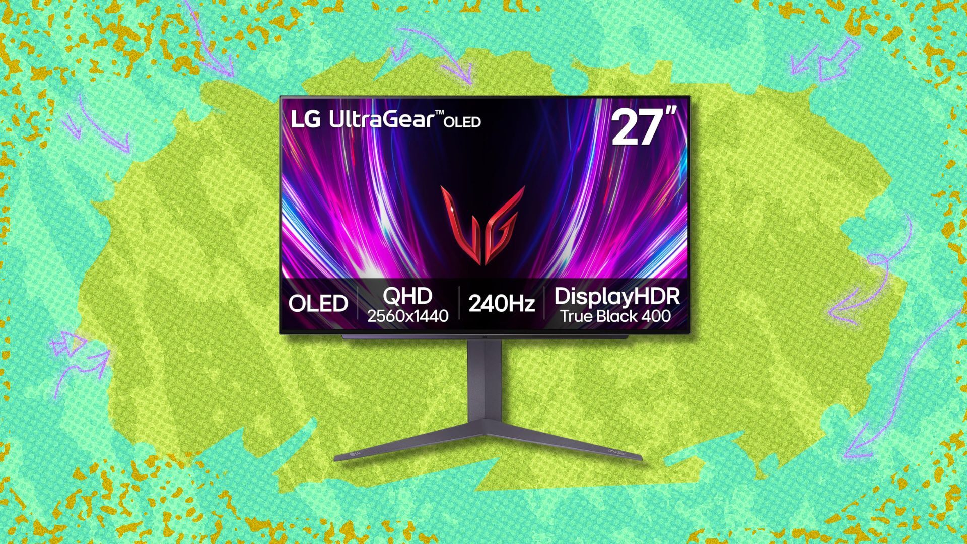 lg 27-inch ultragear oled gaming monitor against a green patterned background