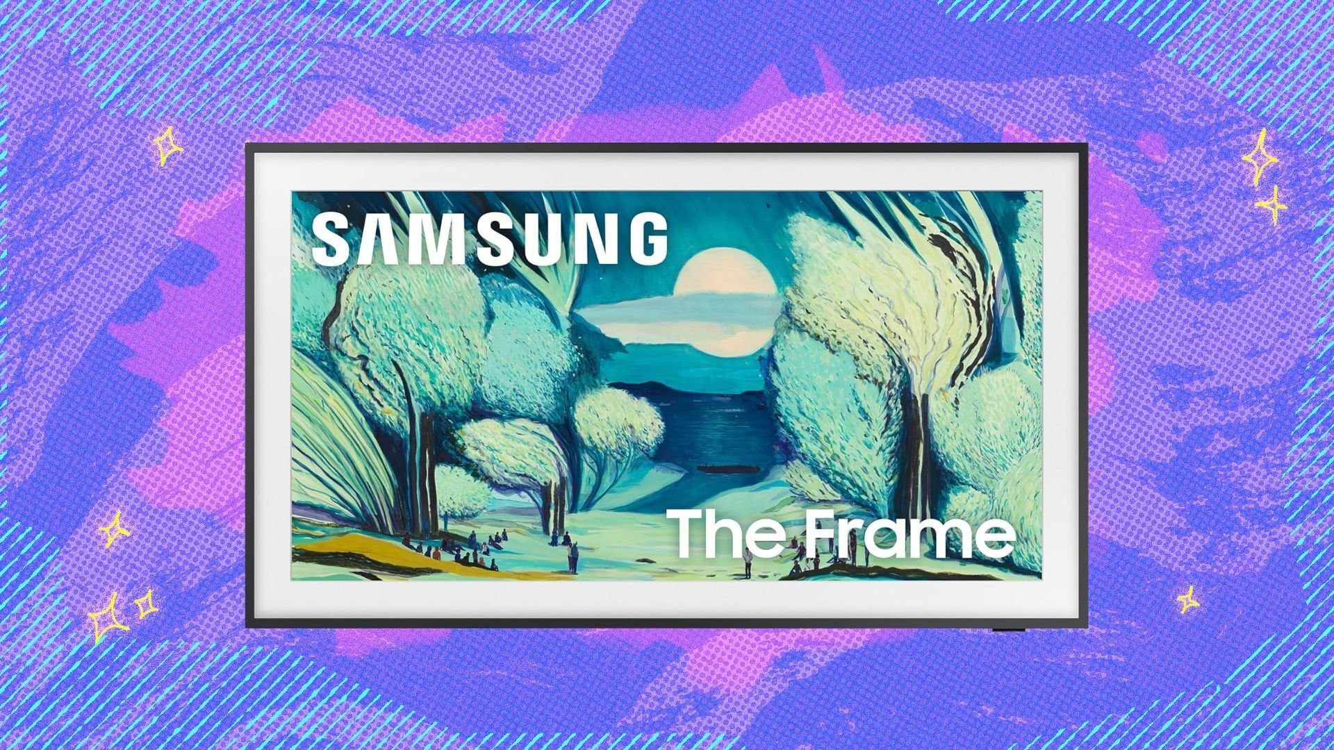 samsung 55-inch the frame ls03f 4k qled smart tv against a purple patterned background