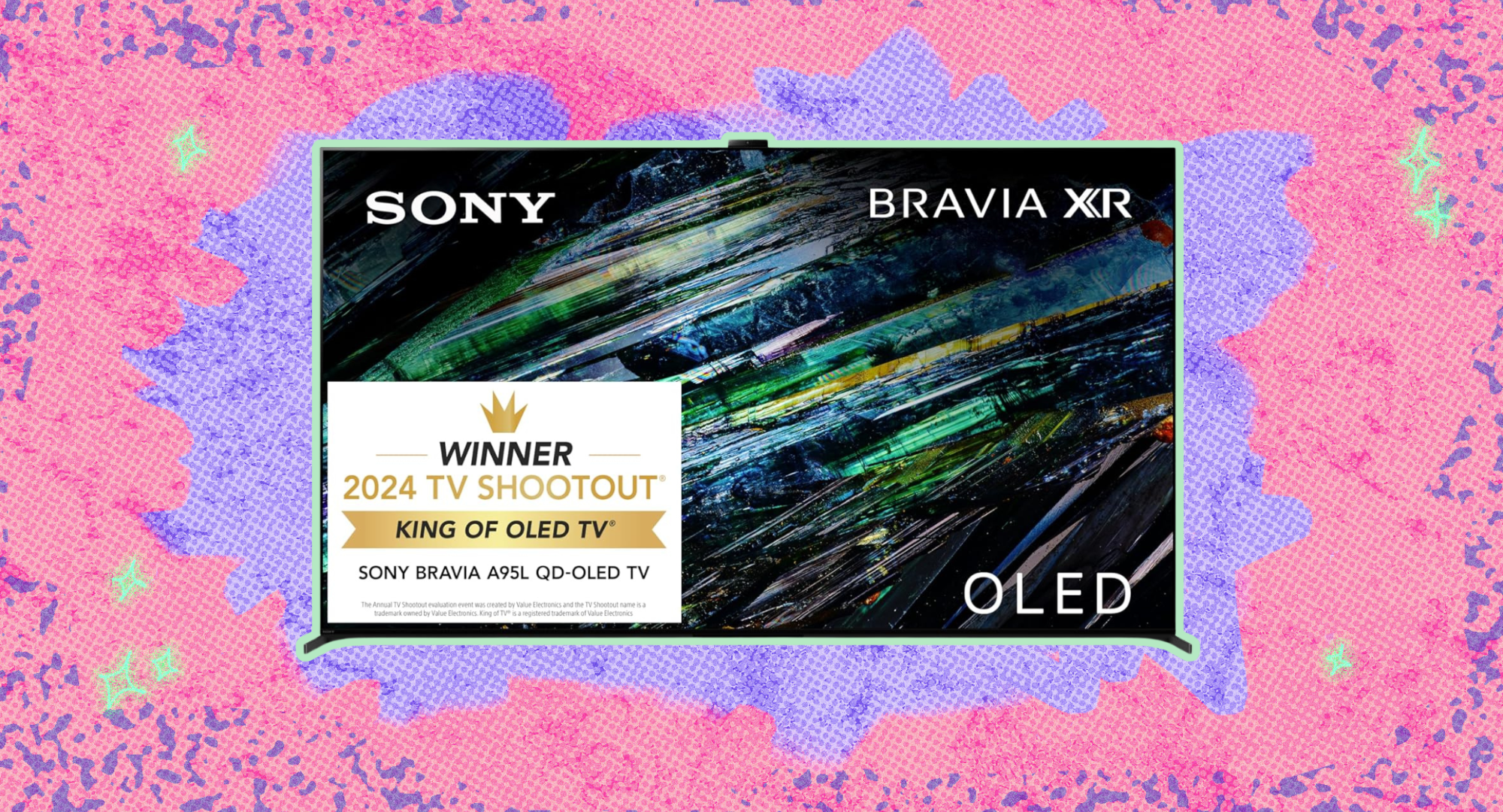 A 77-inch Sony TV against a colorful background. 