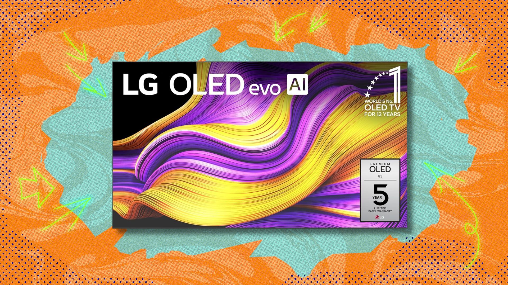lg 97-inch class oled evo ai 4k g5 smart tv against an orange and blue patterned background