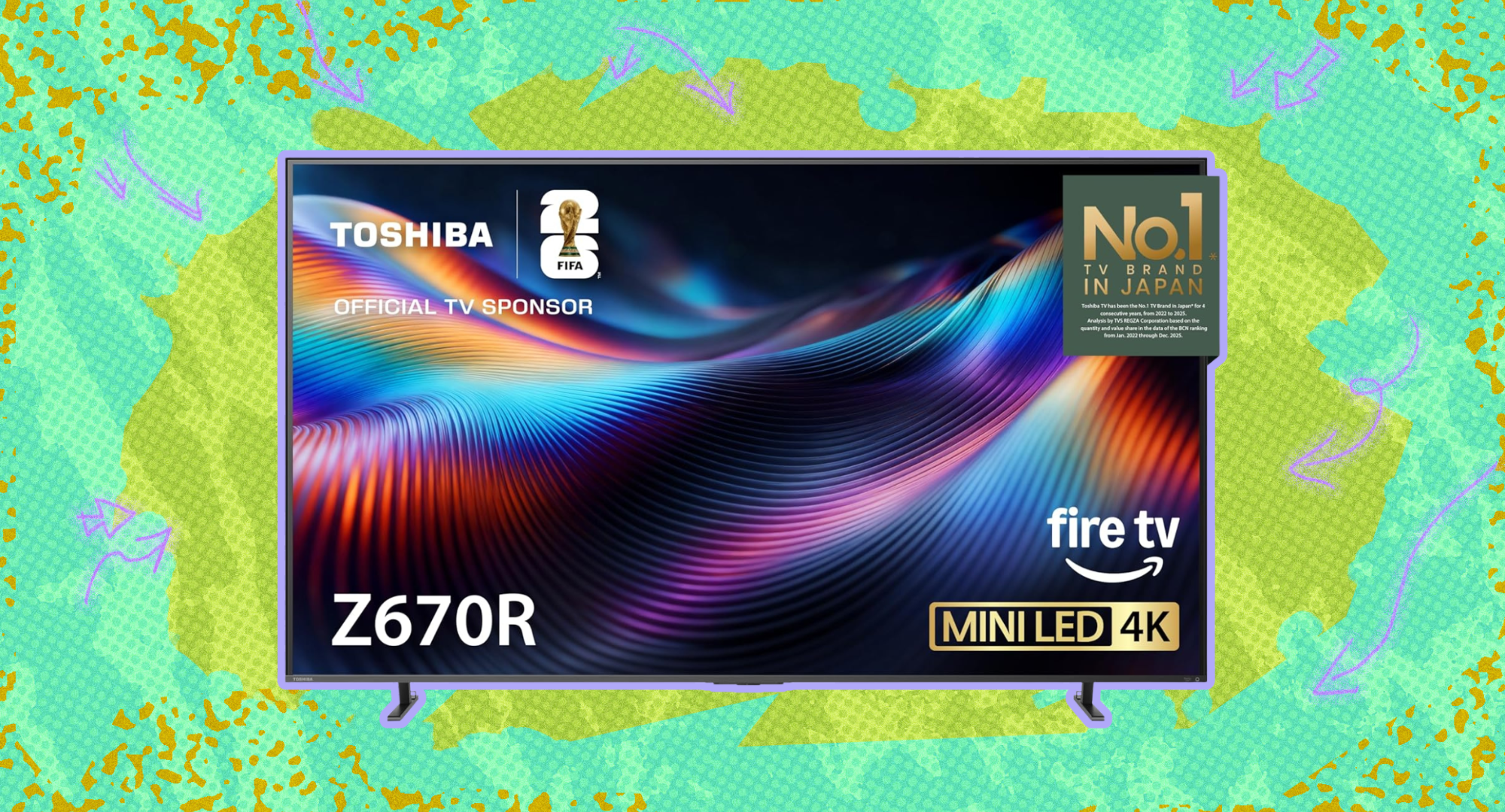 A 65-inch Toshiba TV against a colorful background. 