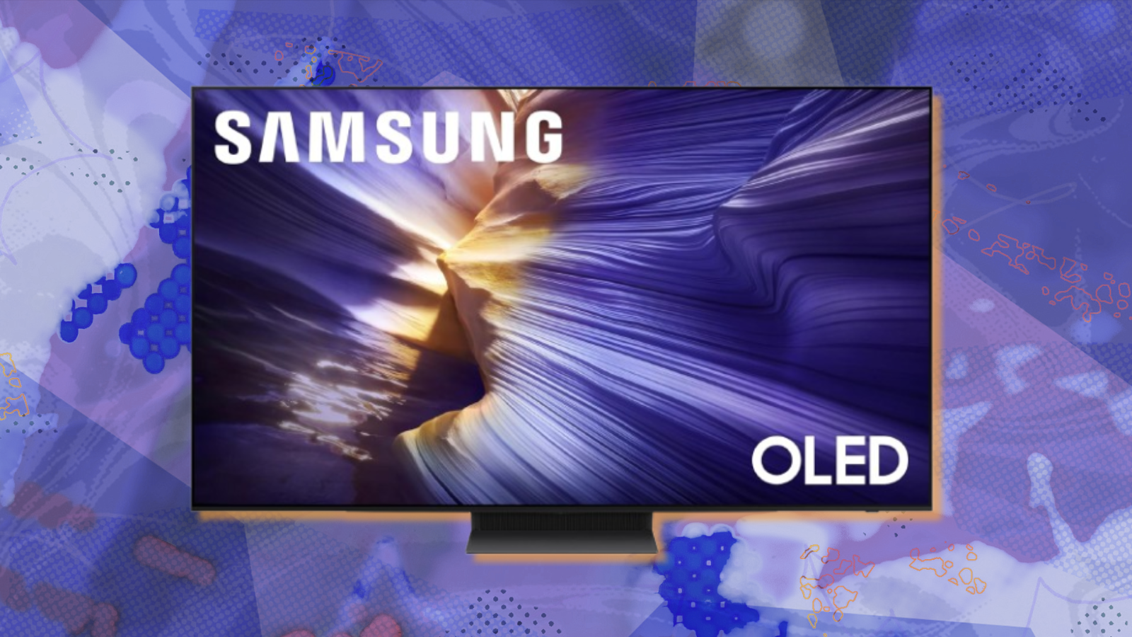 Samsung S90F OLED TV with purple abstract background