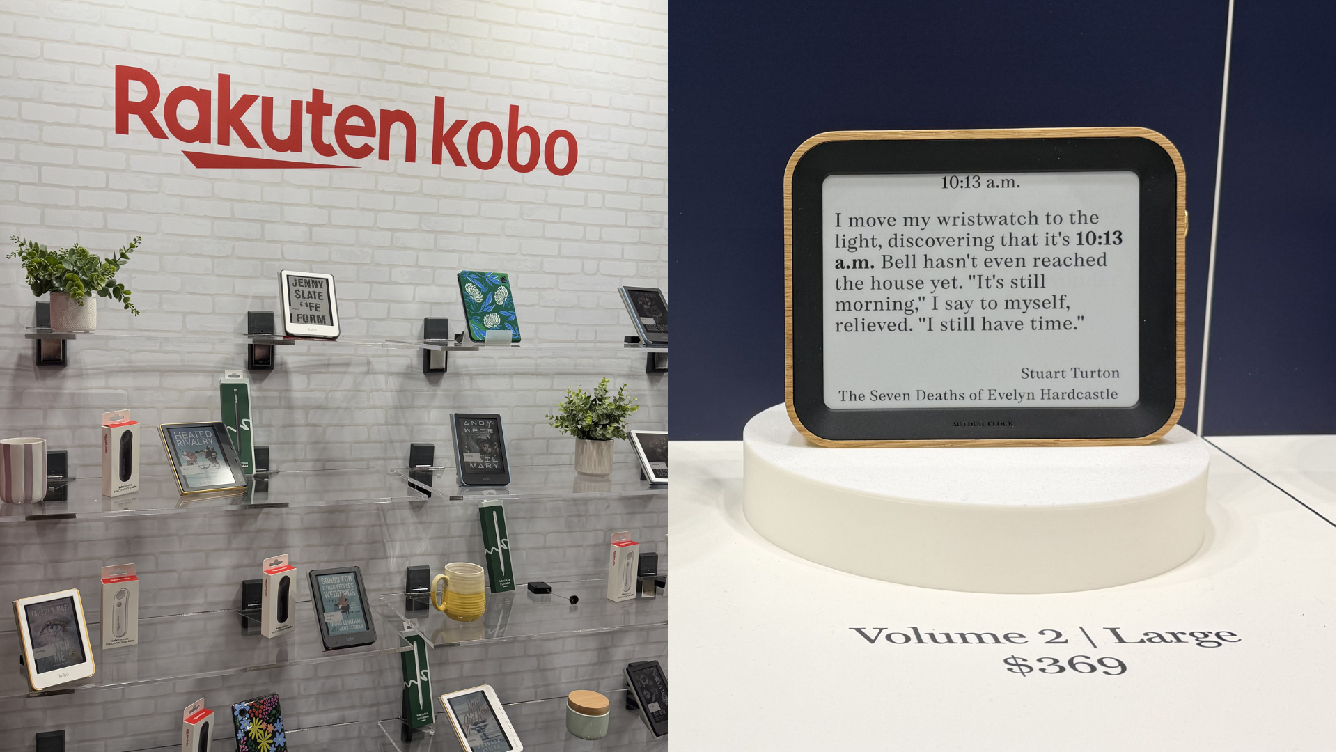 On the left, a display of Rakuten Kobo e-readers. On the right, the Author Clock.