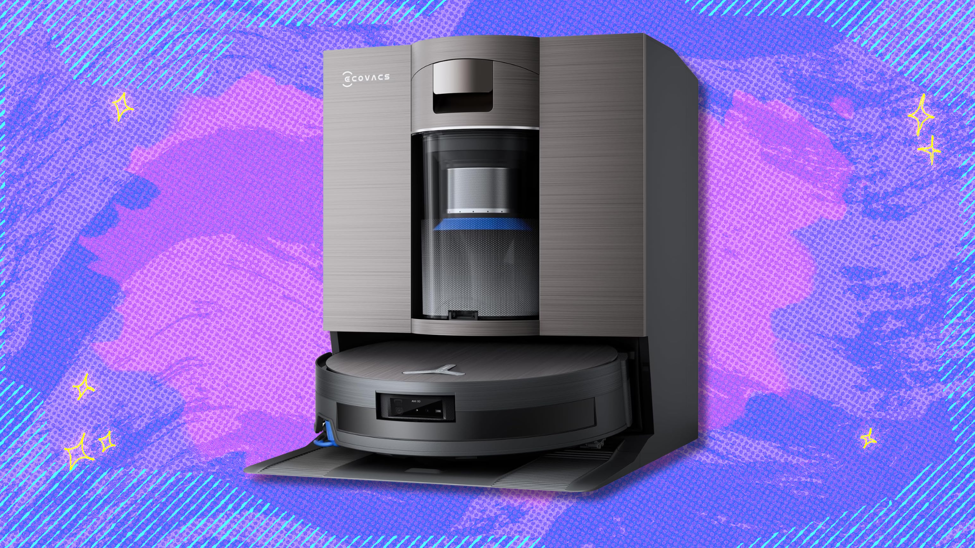 Ecovacs Deebot X11 on pink and purple abstract background