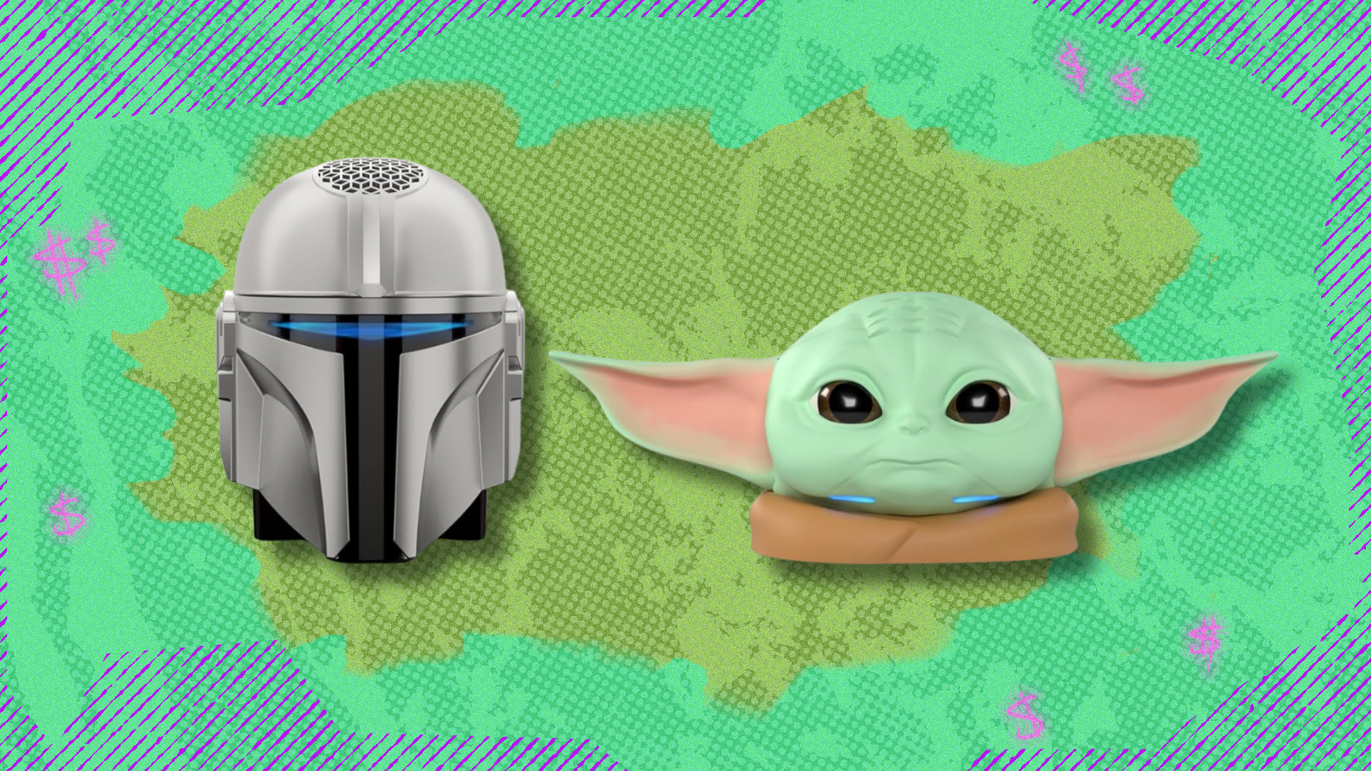 Star Wars Echo Dots on lime green and green abstract background