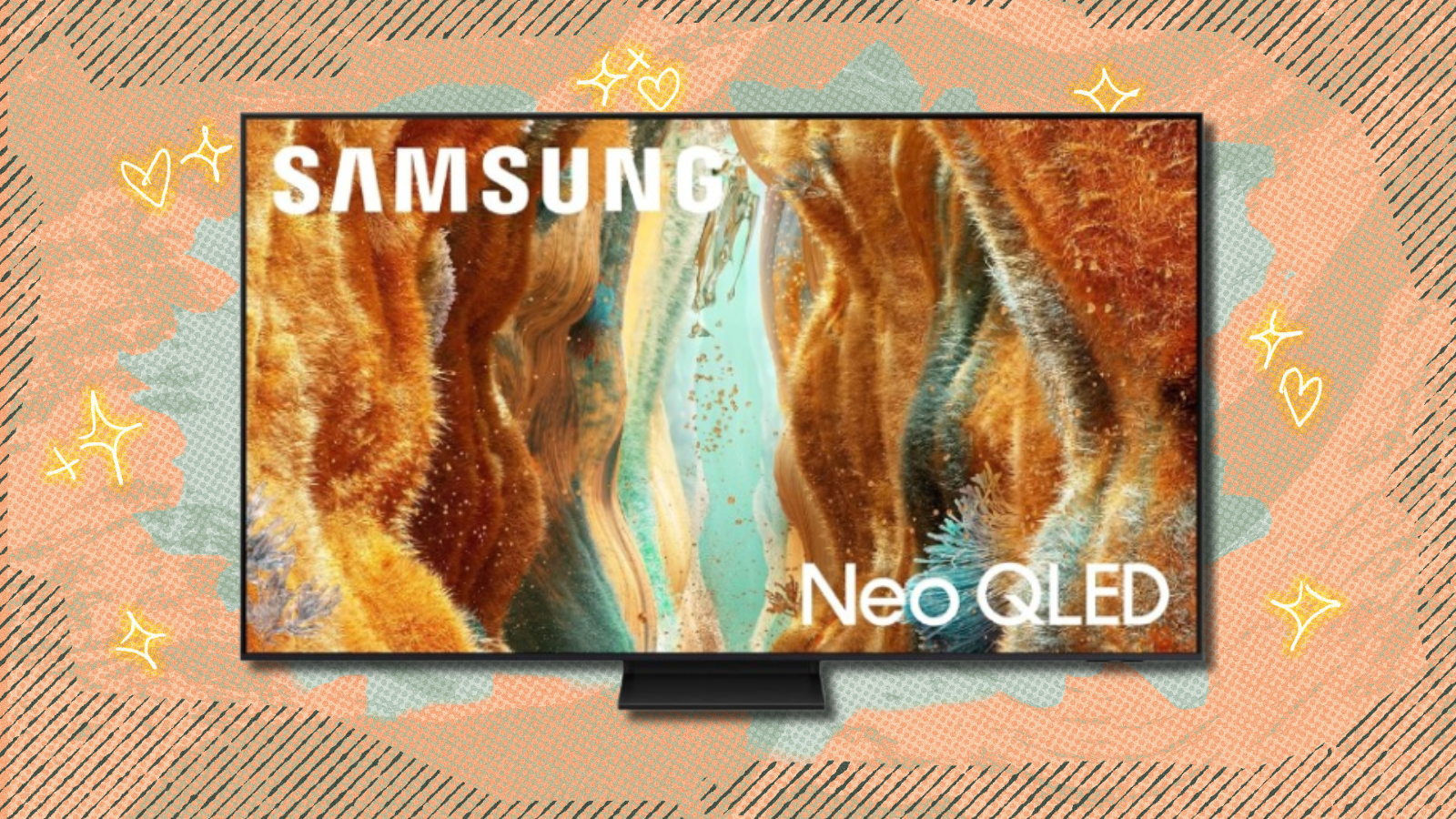 Samsung QN70F TV with orange and teal background