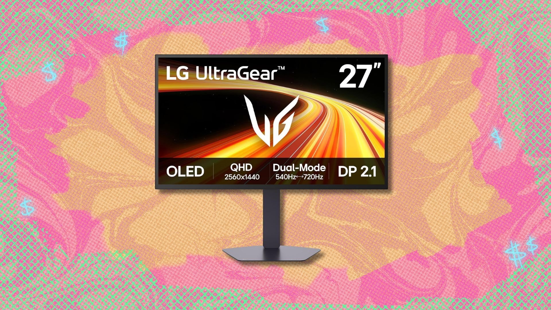 lg 27-inch ultragear qhd oled gaming monitor against a yellow, pink, and green patterned background