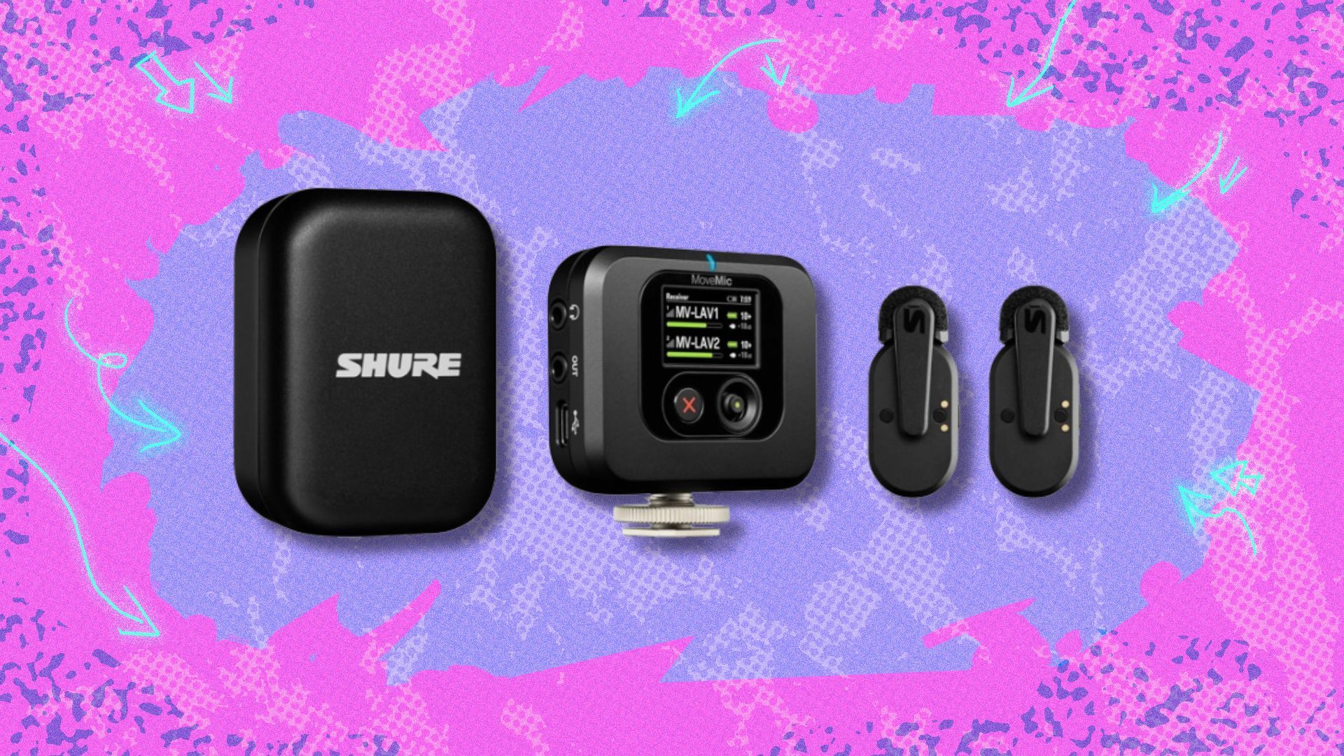 the shure movemic two kit on a purple and pink background